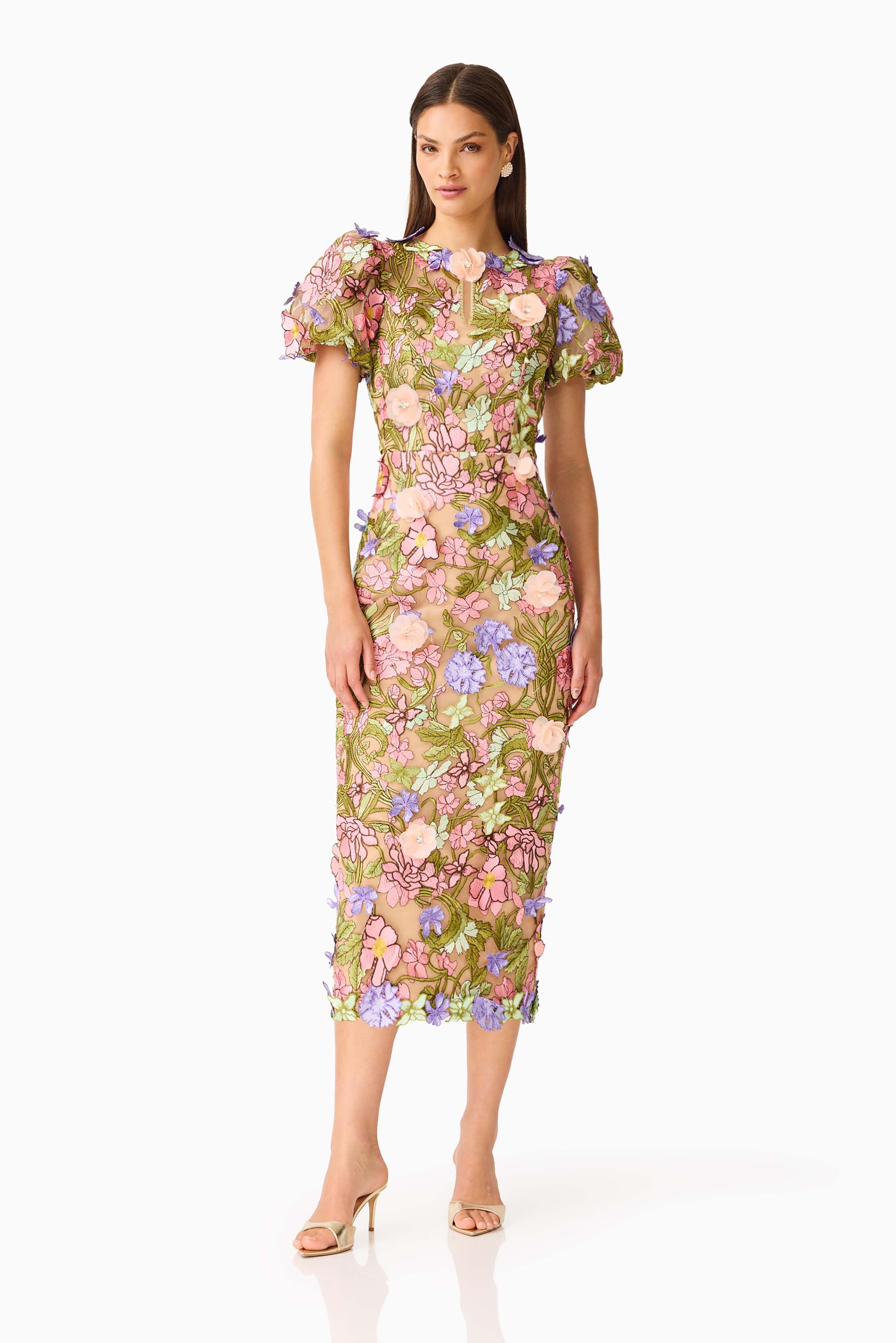 Fiora Puff Sleeve Midi Dress in Green & Pink Floral