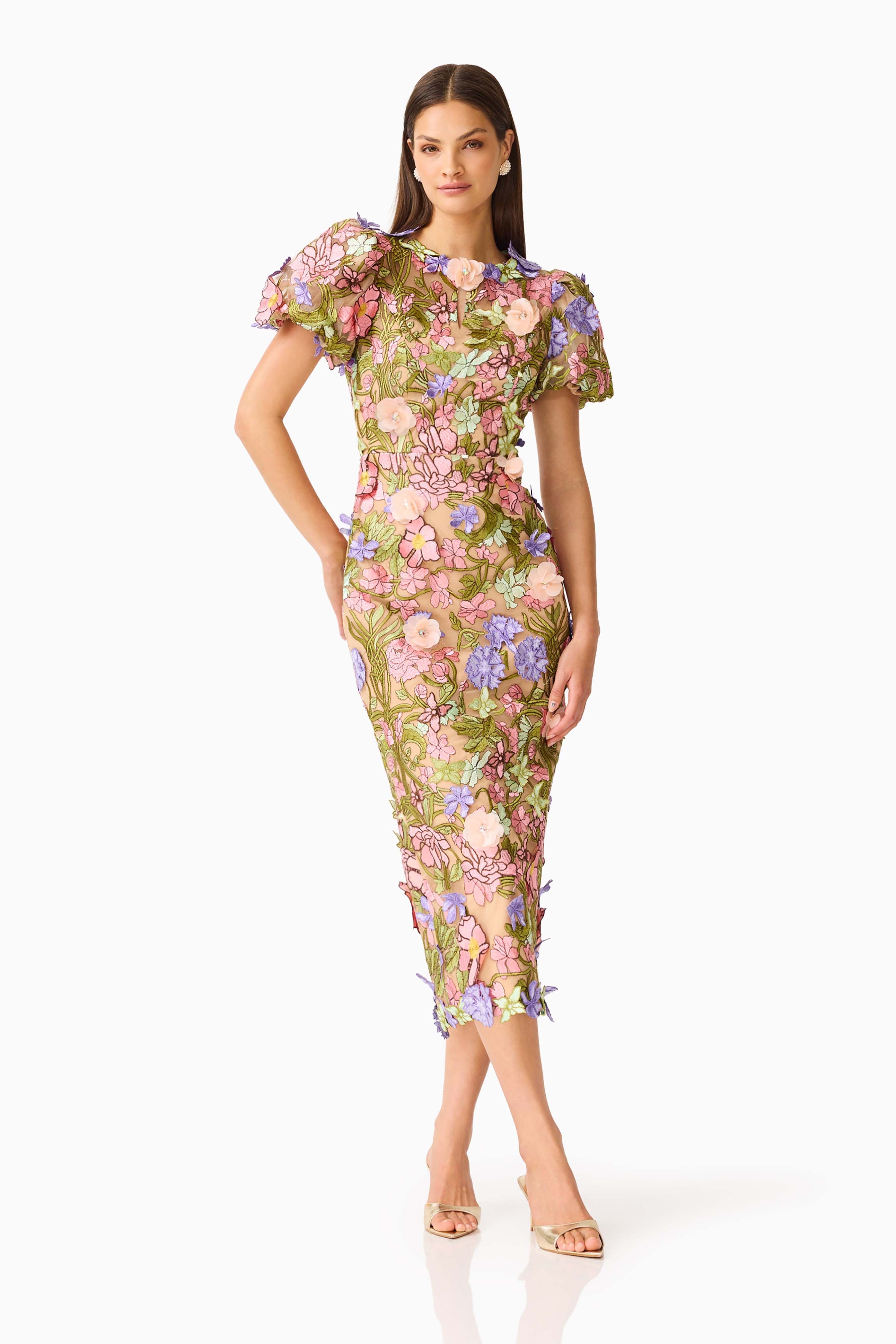 Fiora Puff Sleeve Midi Dress in Green & Pink Floral