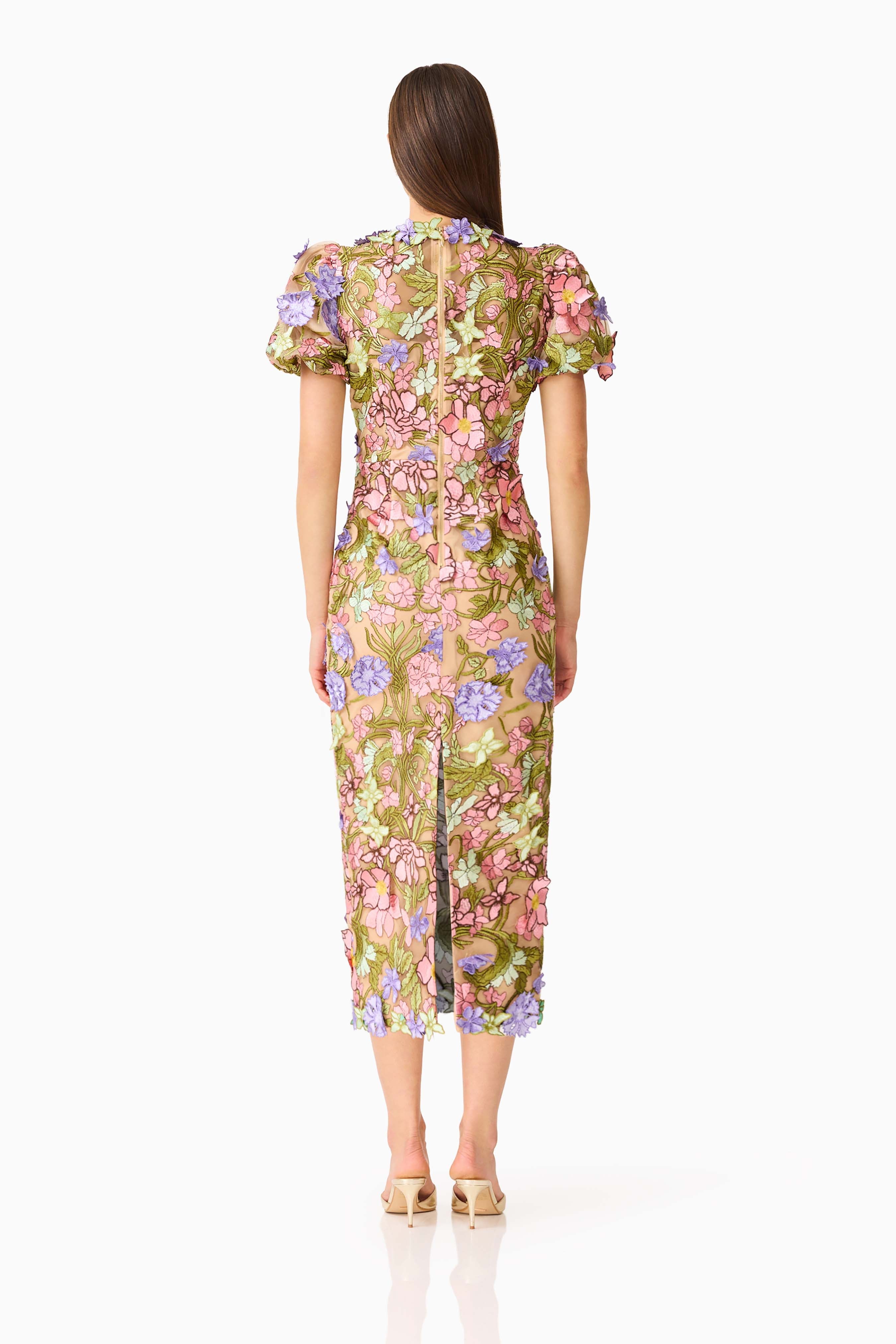 Fiora Puff Sleeve Midi Dress in Green & Pink Floral