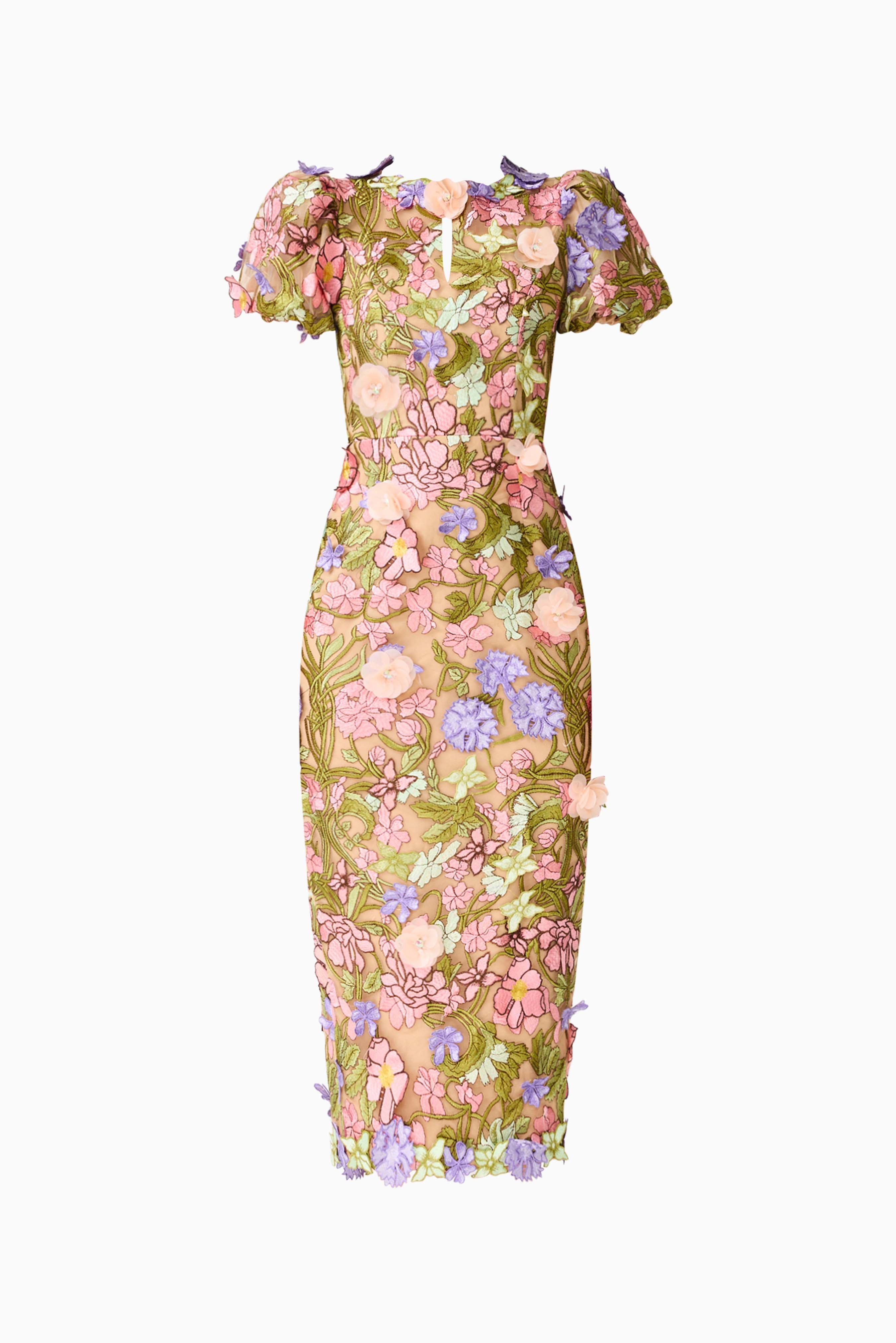 Fiora Puff Sleeve Midi Dress in Green & Pink Floral