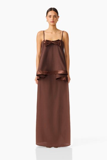 Rosera Satin Bow Maxi Dress in Chocolate Brown