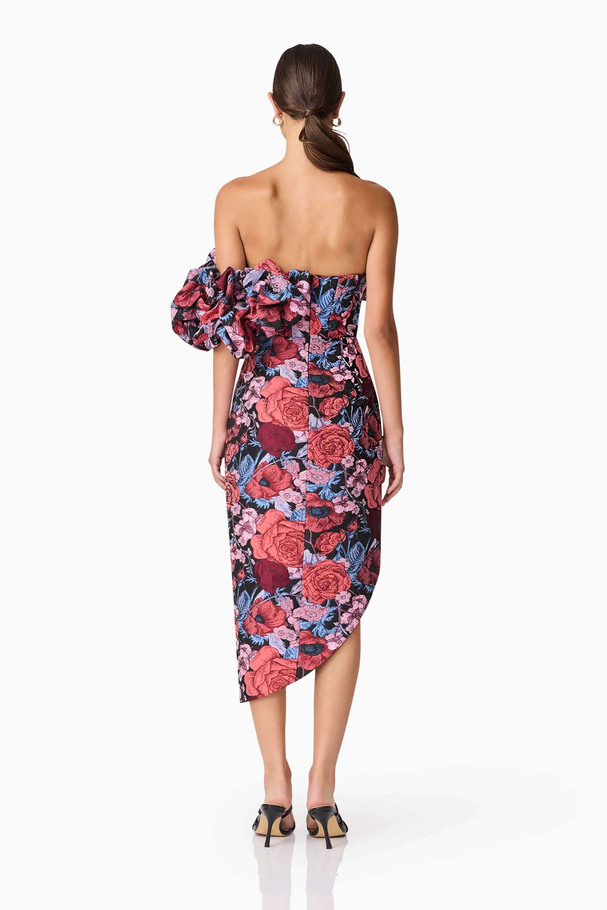Delphine Off The Shoulder Midi Dress in Pink & Back Floral