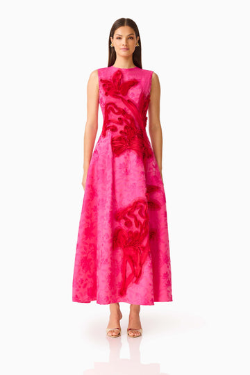 Florentia Textured Jacquard Maxi Dress in Pink & Red