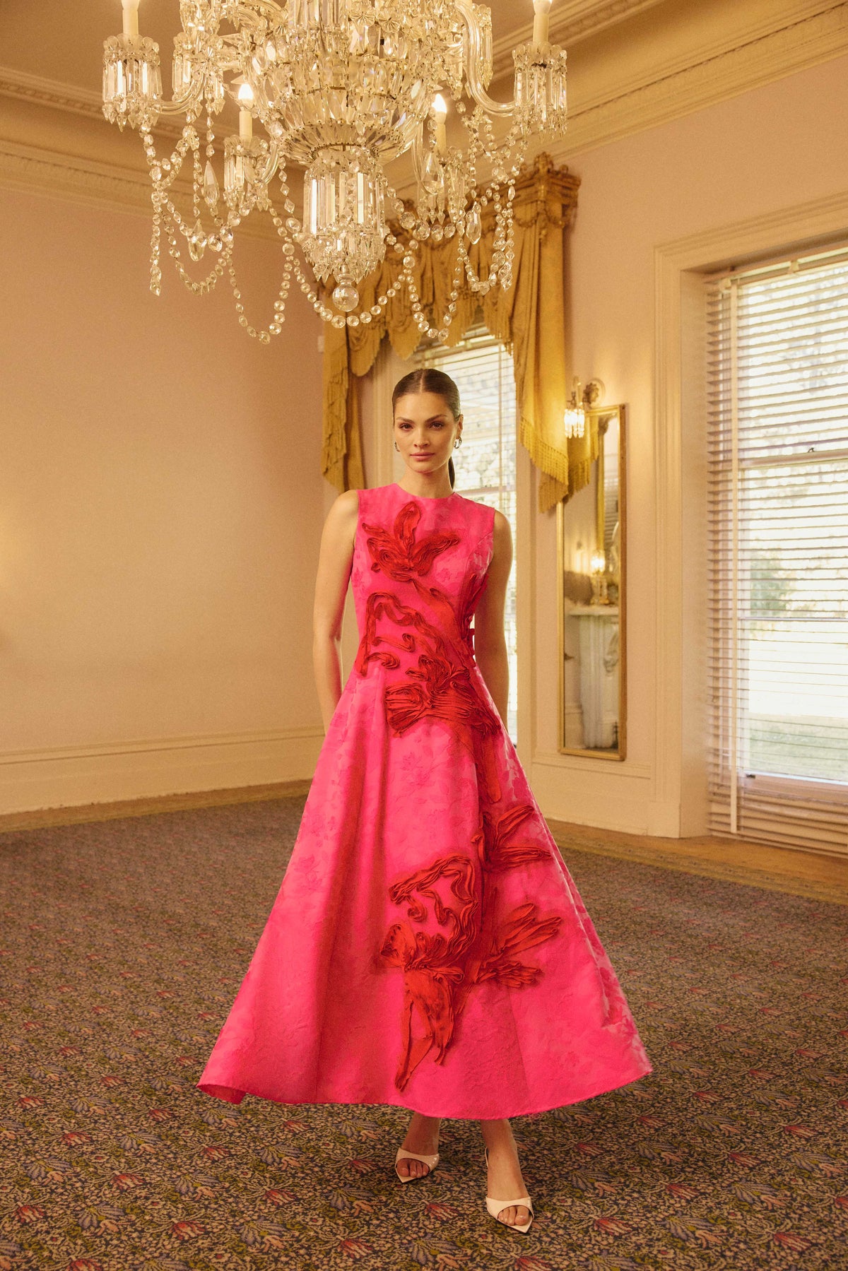 Florentia Textured Jacquard Maxi Dress in Pink & Red