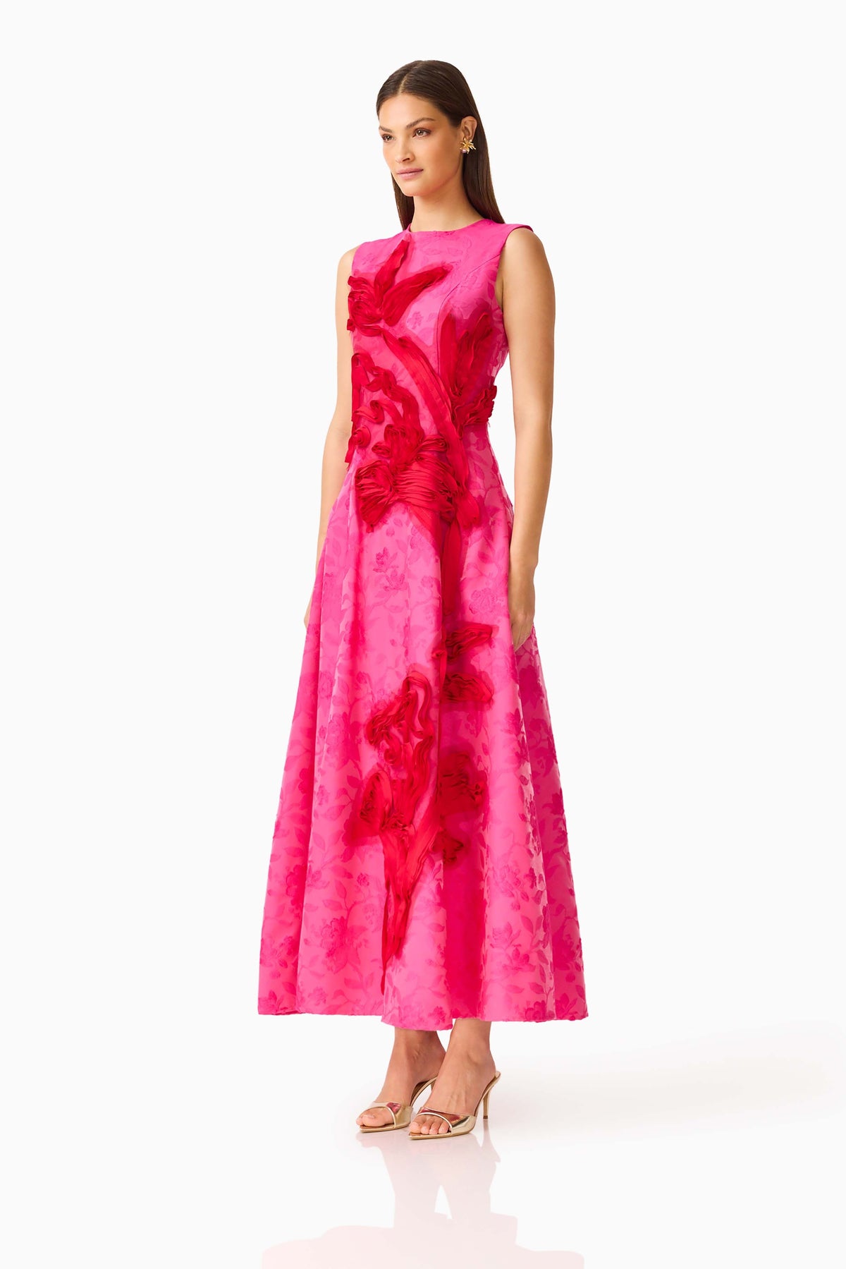Florentia Textured Jacquard Maxi Dress in Pink & Red