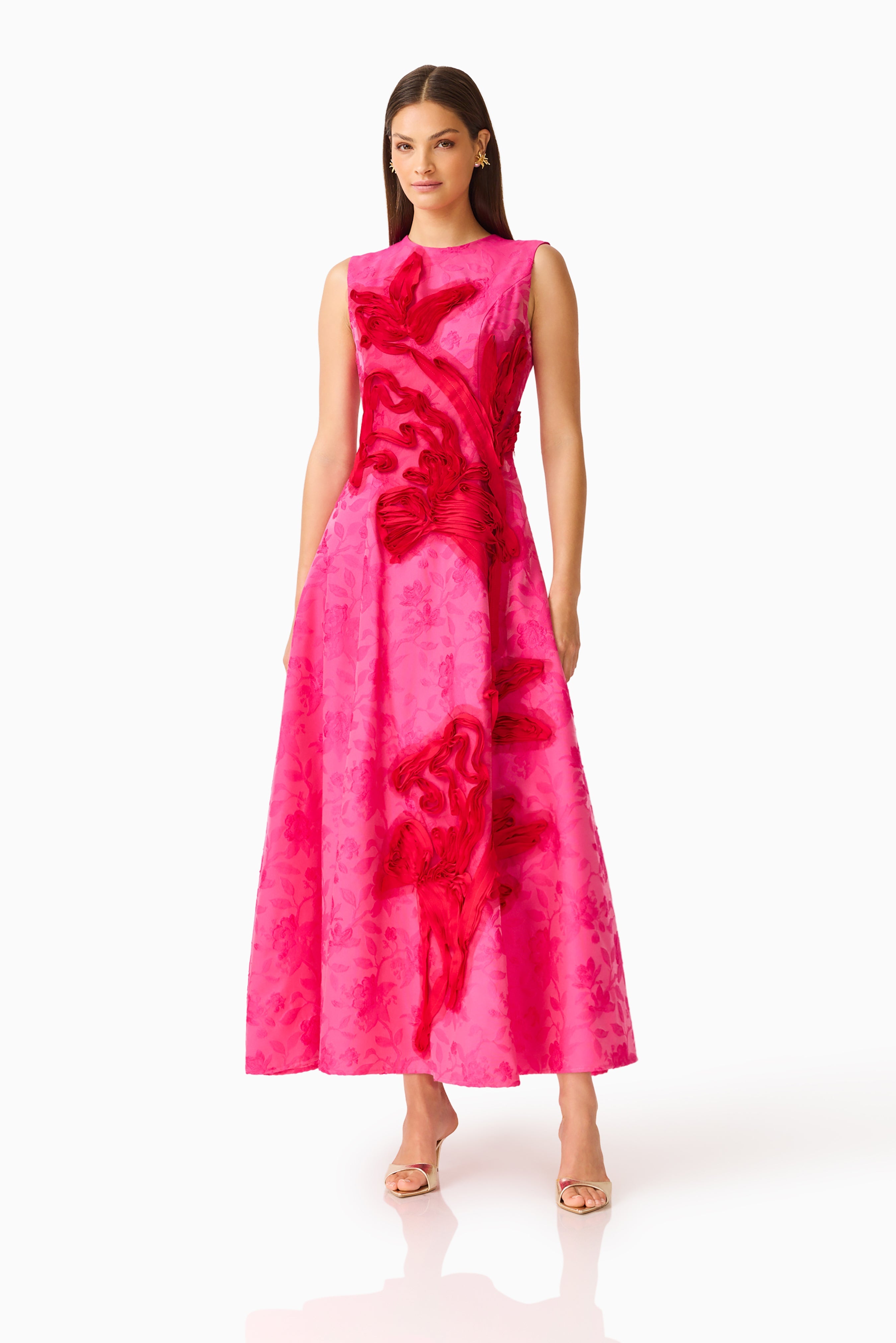 Florentia Textured Jacquard Maxi Dress in Pink & Red