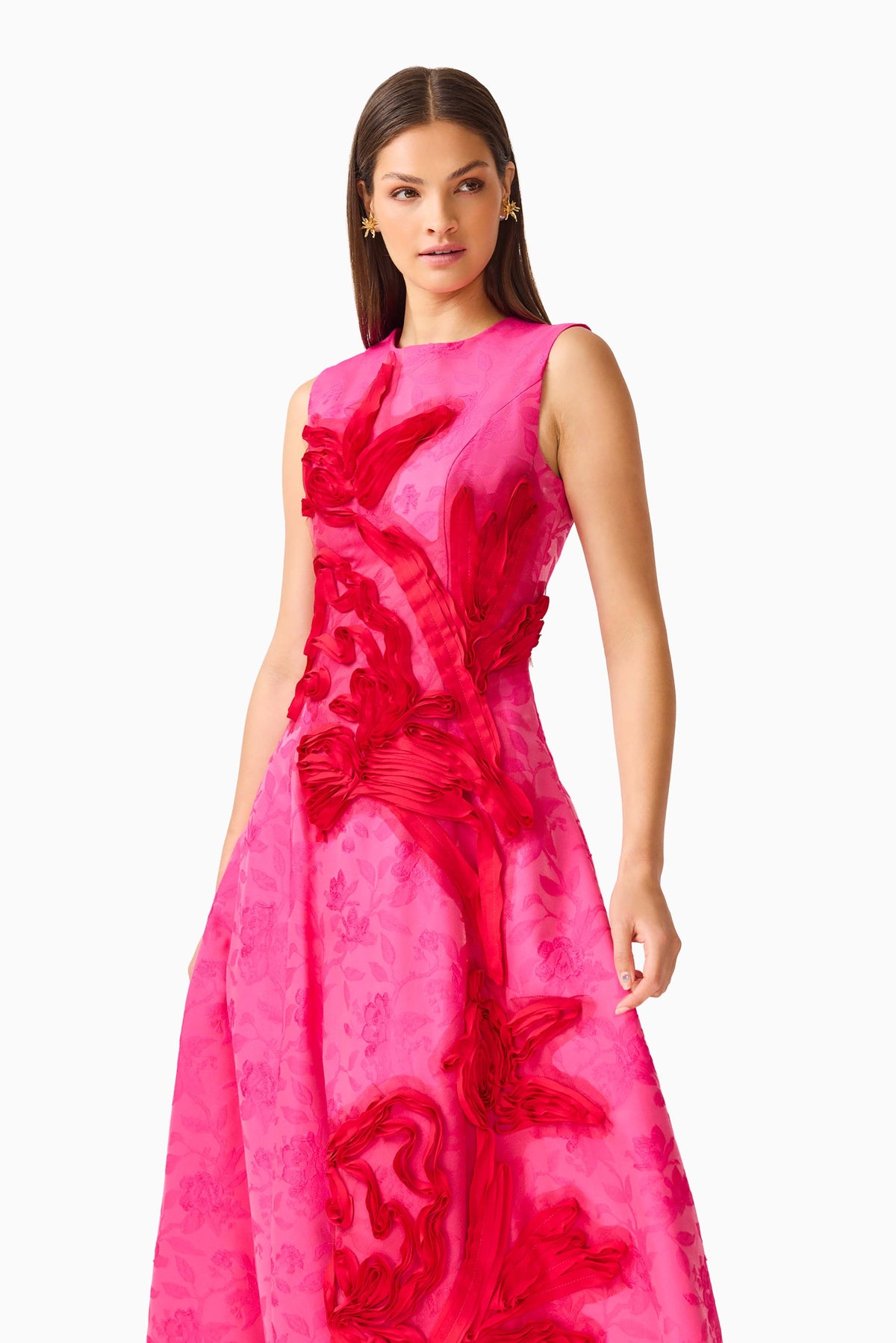Florentia Textured Jacquard Maxi Dress in Pink & Red