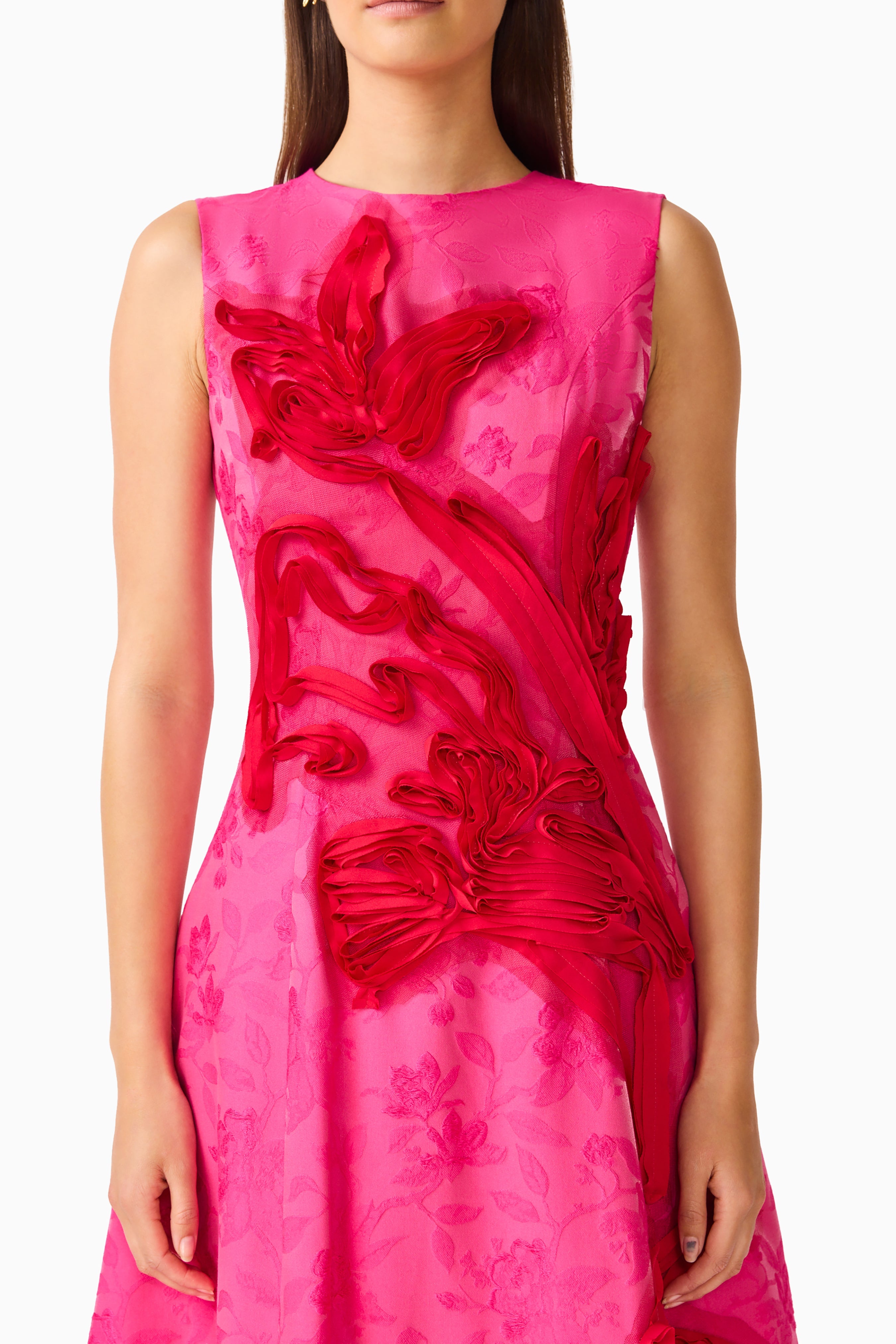 Florentia Textured Jacquard Maxi Dress in Pink & Red
