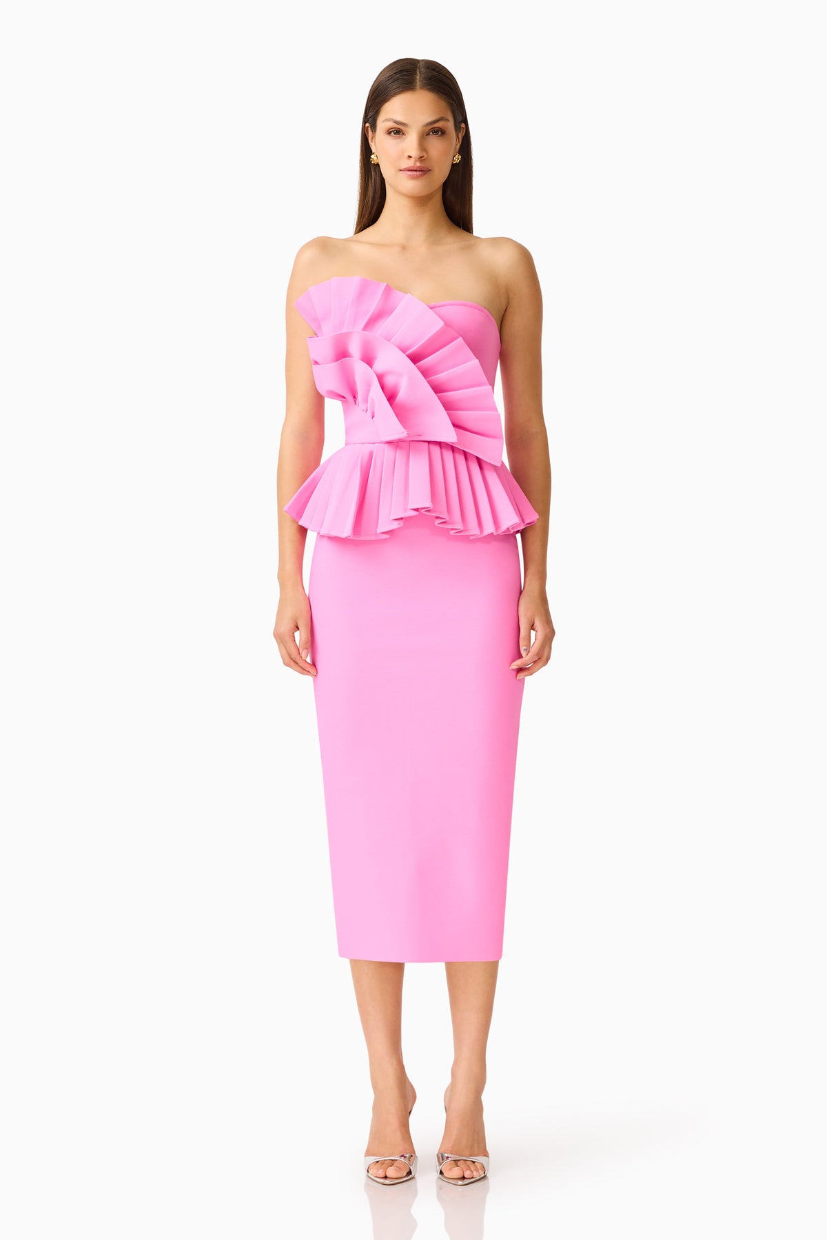 Orelia Pleated Midi Dress in Candy Pink