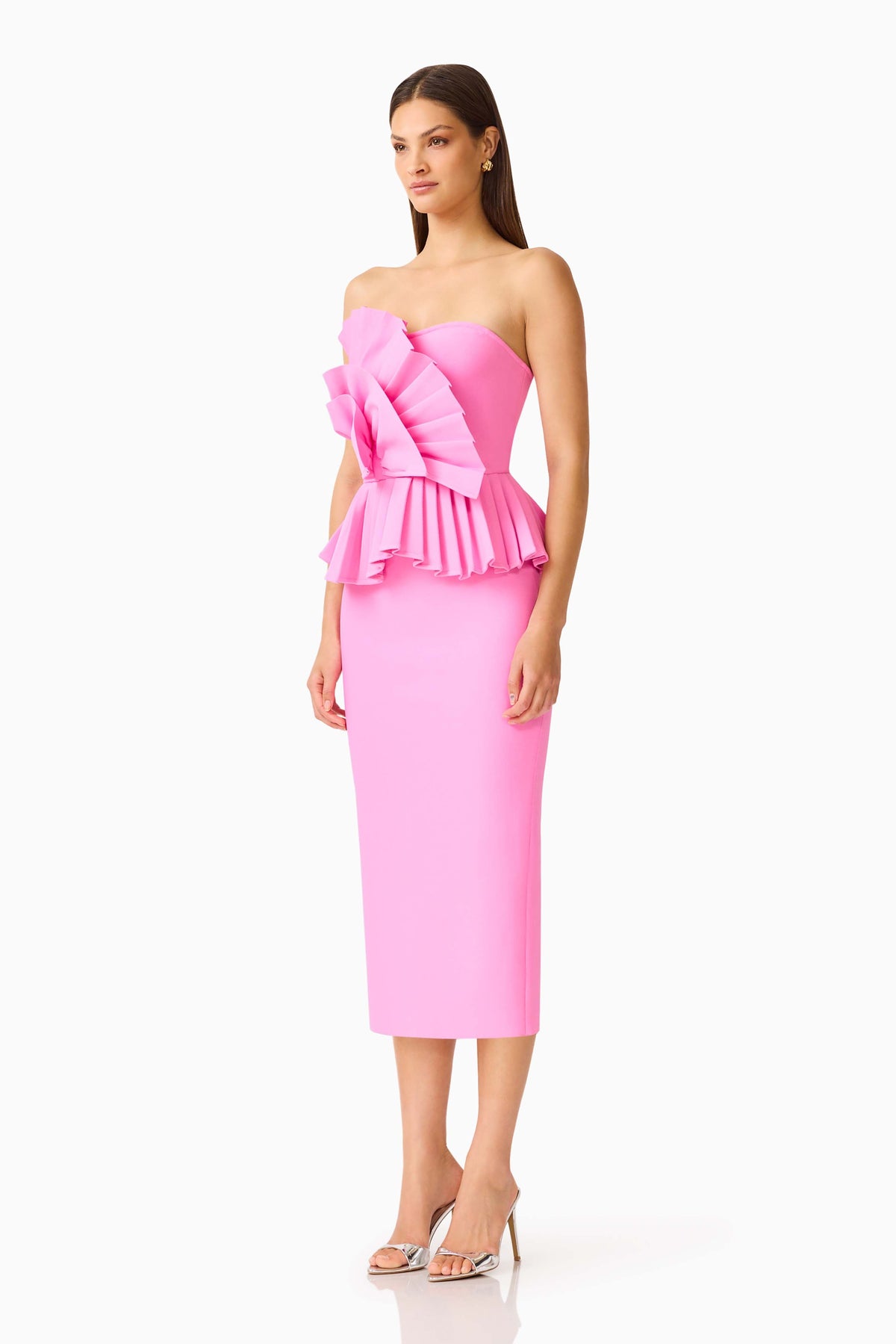 Orelia Pleated Midi Dress in Candy Pink