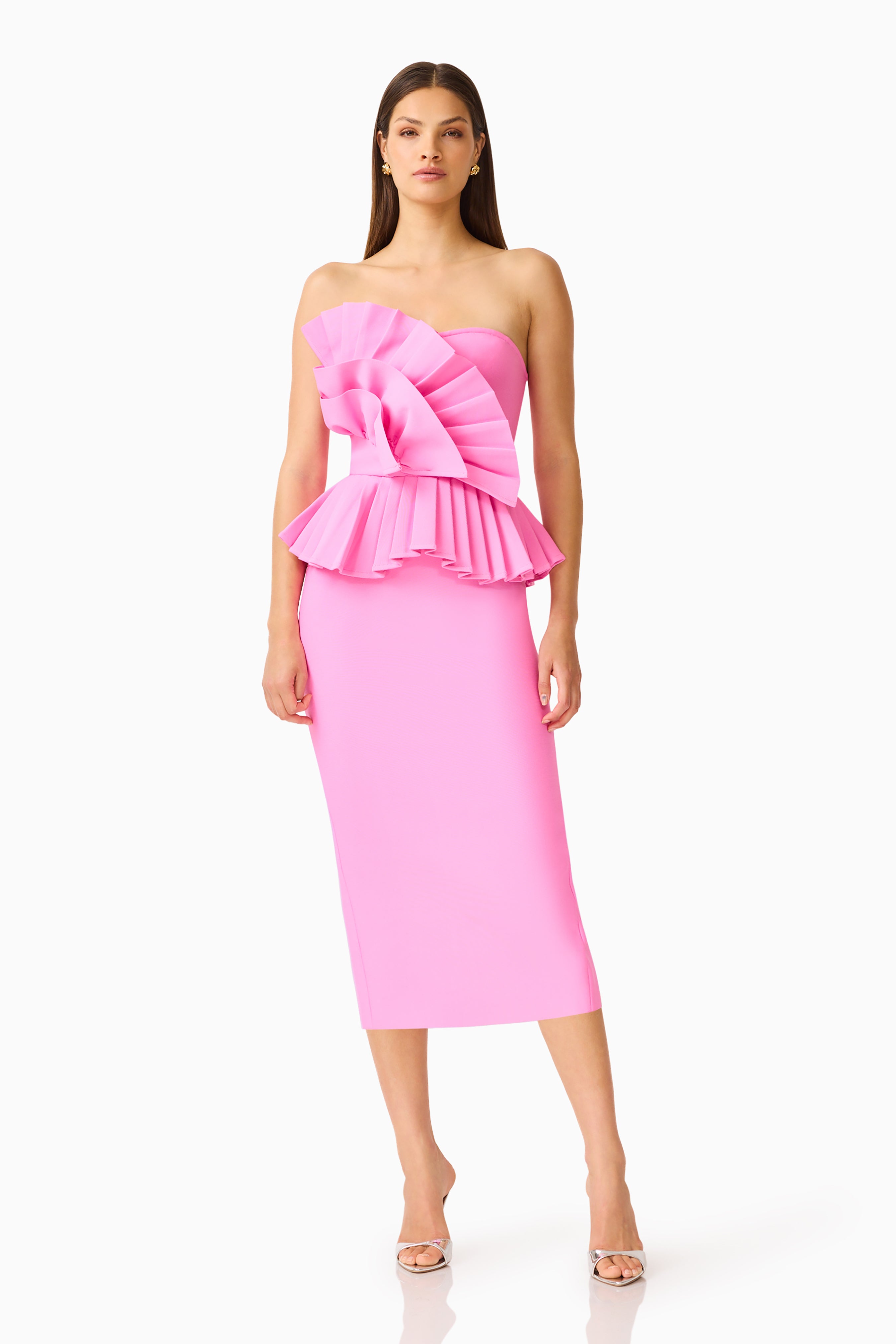Orelia Pleated Midi Dress in Candy Pink
