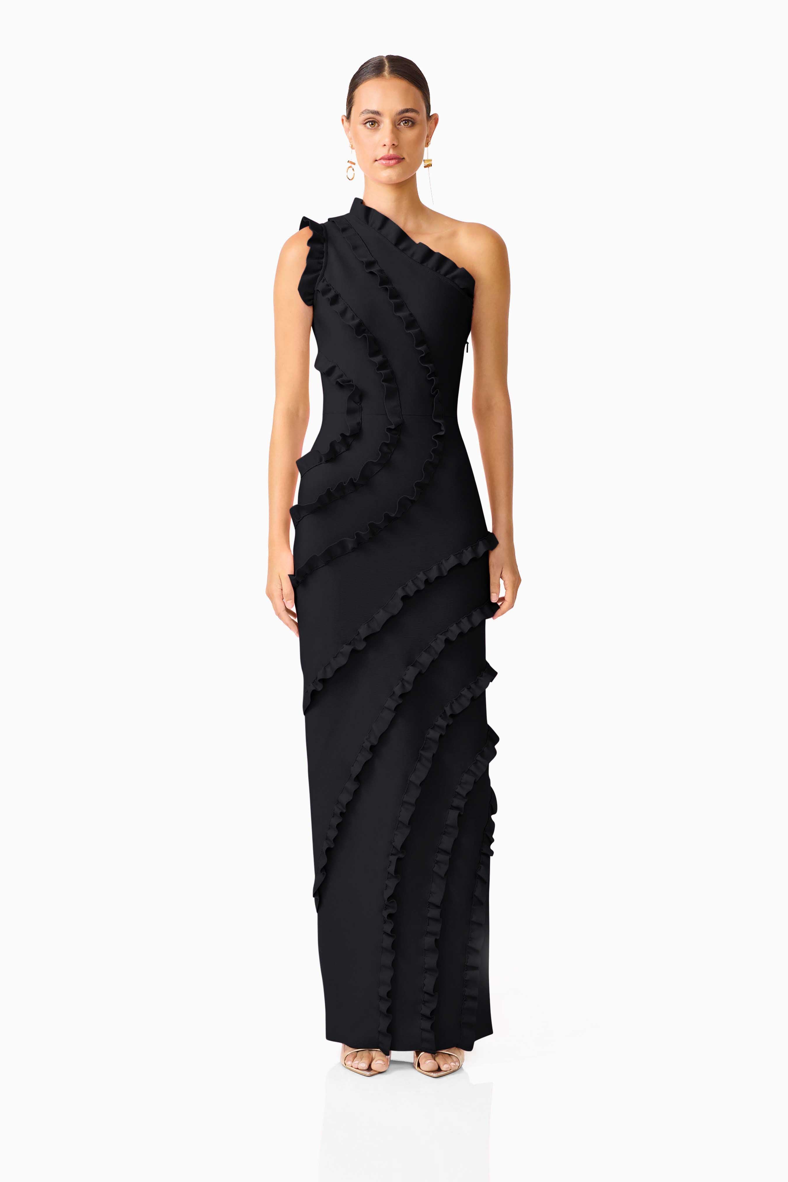 Orelia Asymmetrical Ruffle Gown in Black
