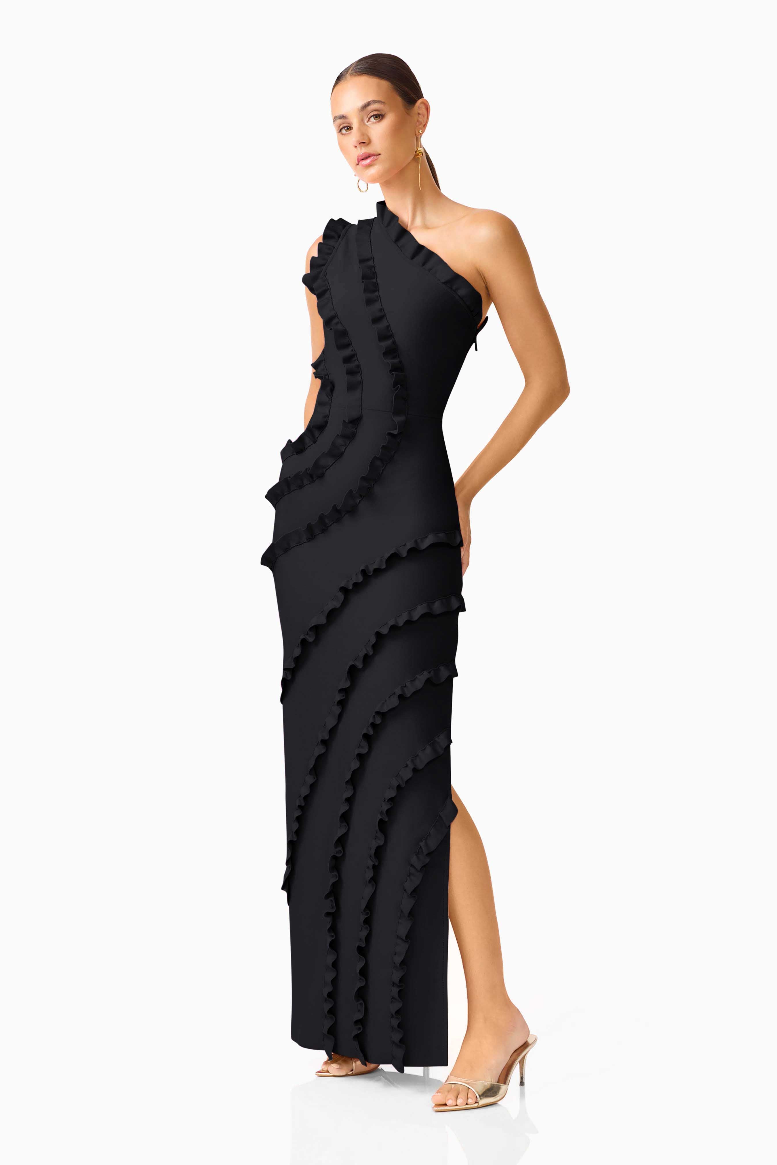 Orelia Asymmetrical Ruffle Gown in Black