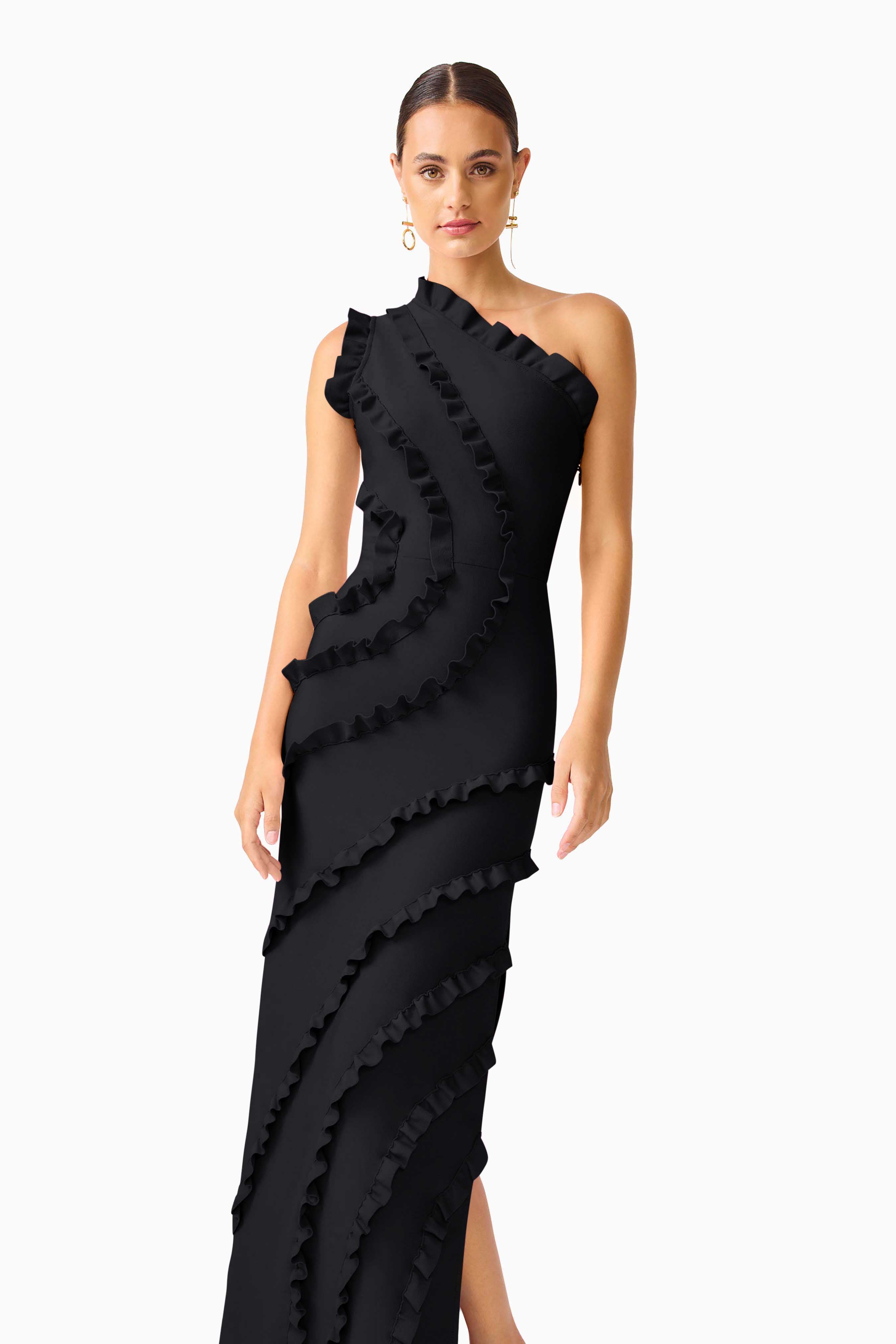 Orelia Asymmetrical Ruffle Gown in Black