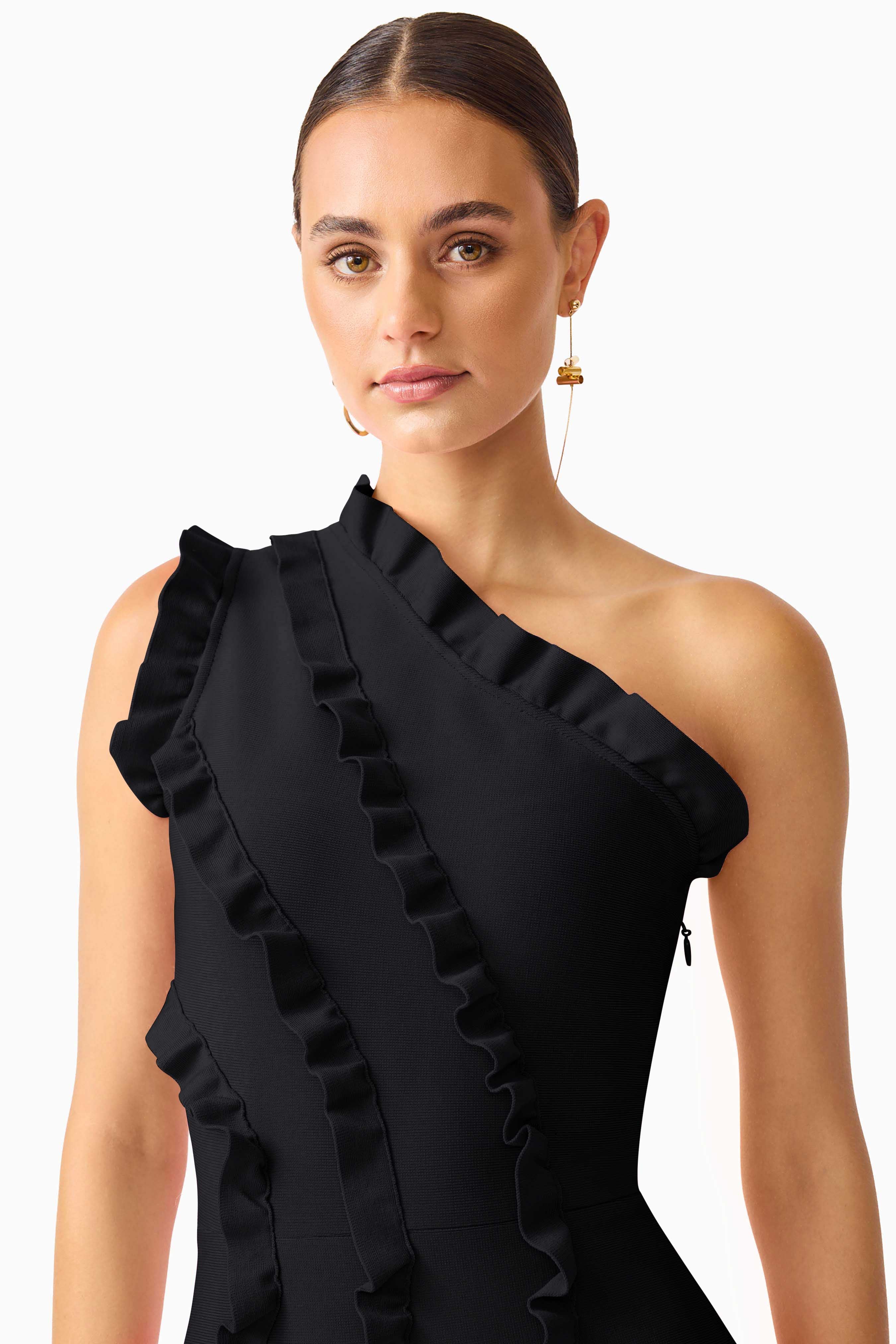 Orelia Asymmetrical Ruffle Gown in Black