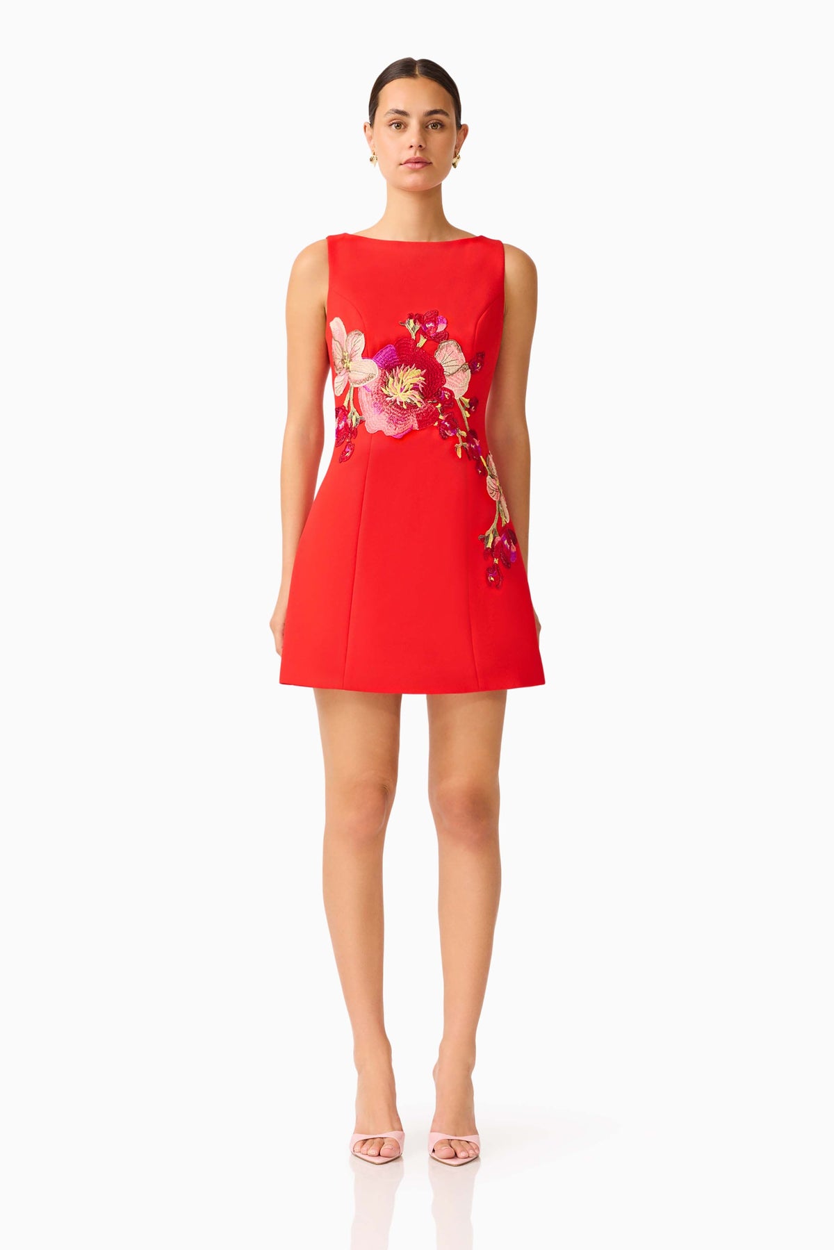 Fleurisca Embroidered A-Line Mini Dress in Scarlet Red