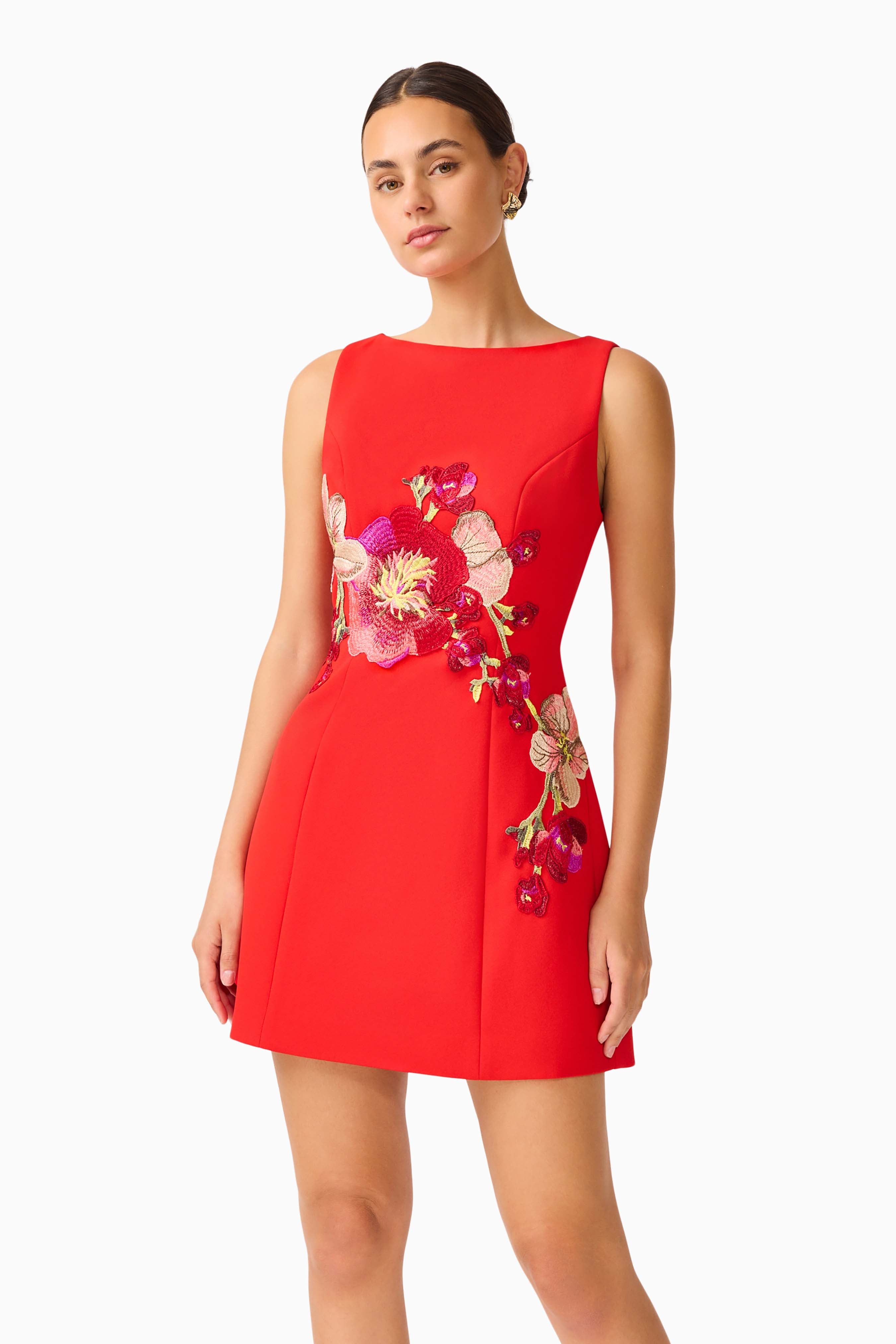 Fleurisca Embroidered A-Line Mini Dress in Scarlet Red