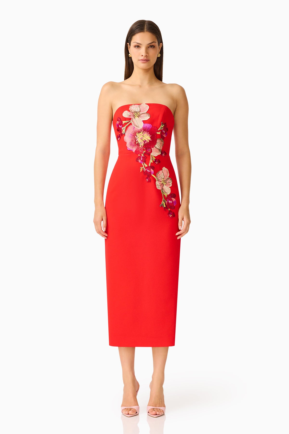 Fleurisca Embroidered Midi Dress in Scarlet Red