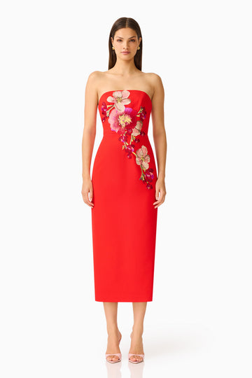 Fleurisca Embroidered Midi Dress in Scarlet Red