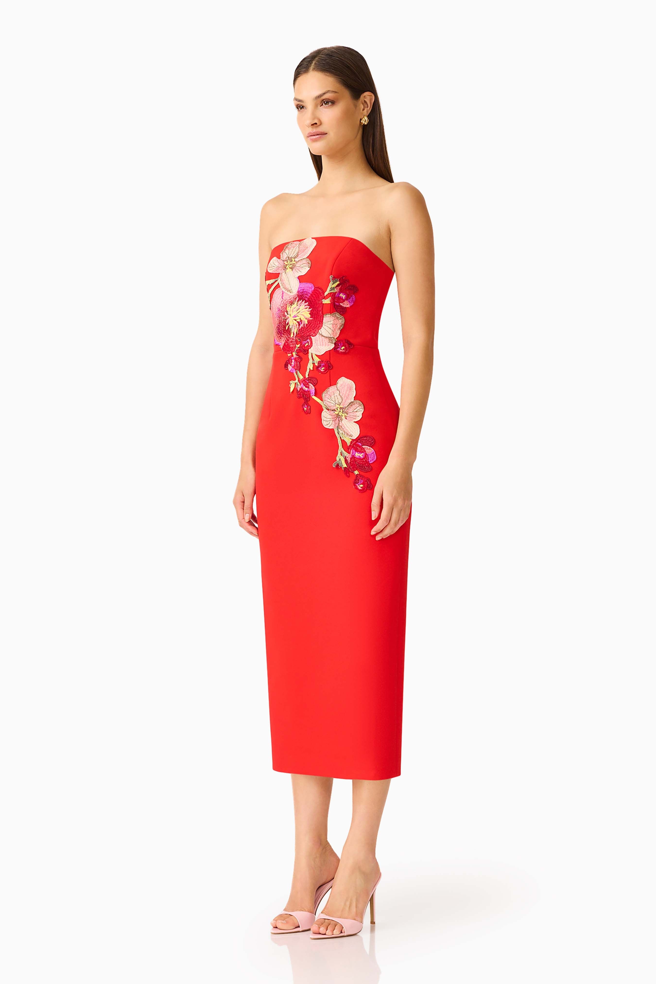 Fleurisca Embroidered Midi Dress in Scarlet Red