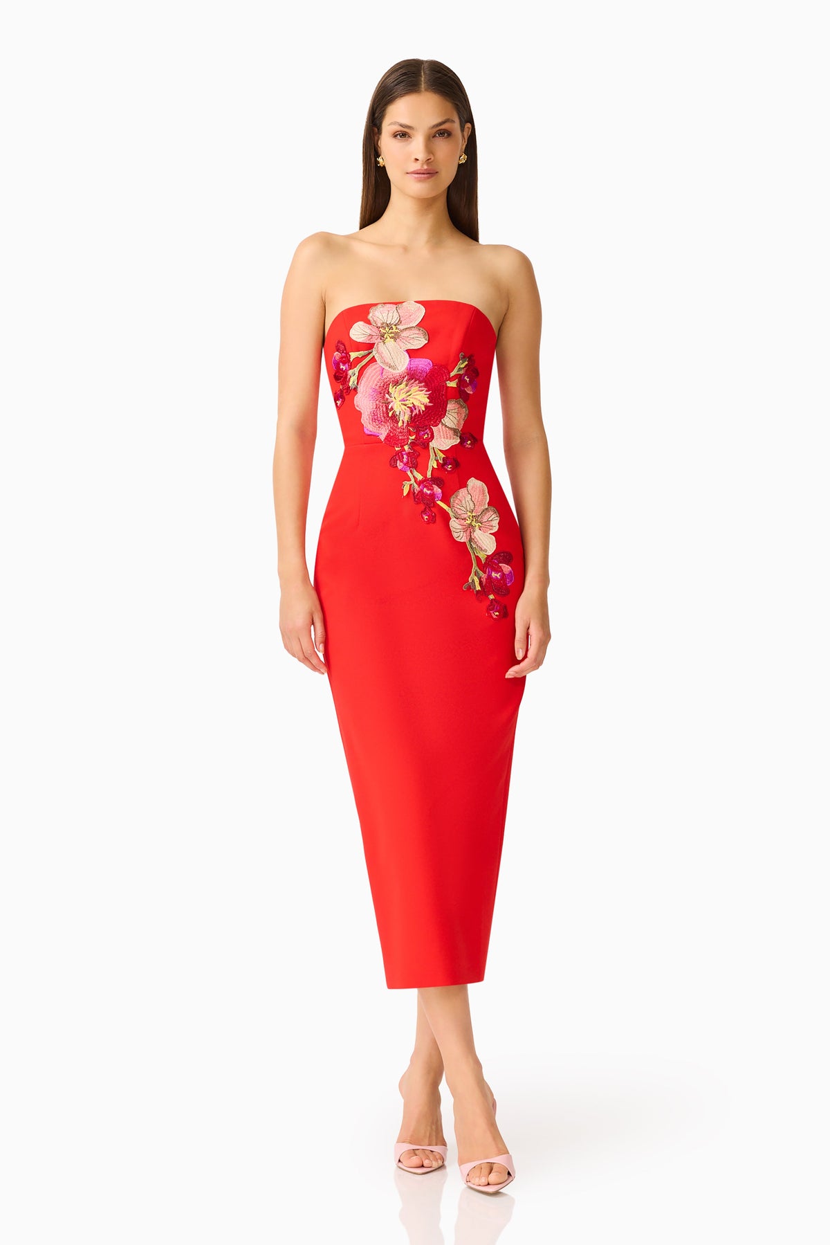 Fleurisca Embroidered Midi Dress in Scarlet Red