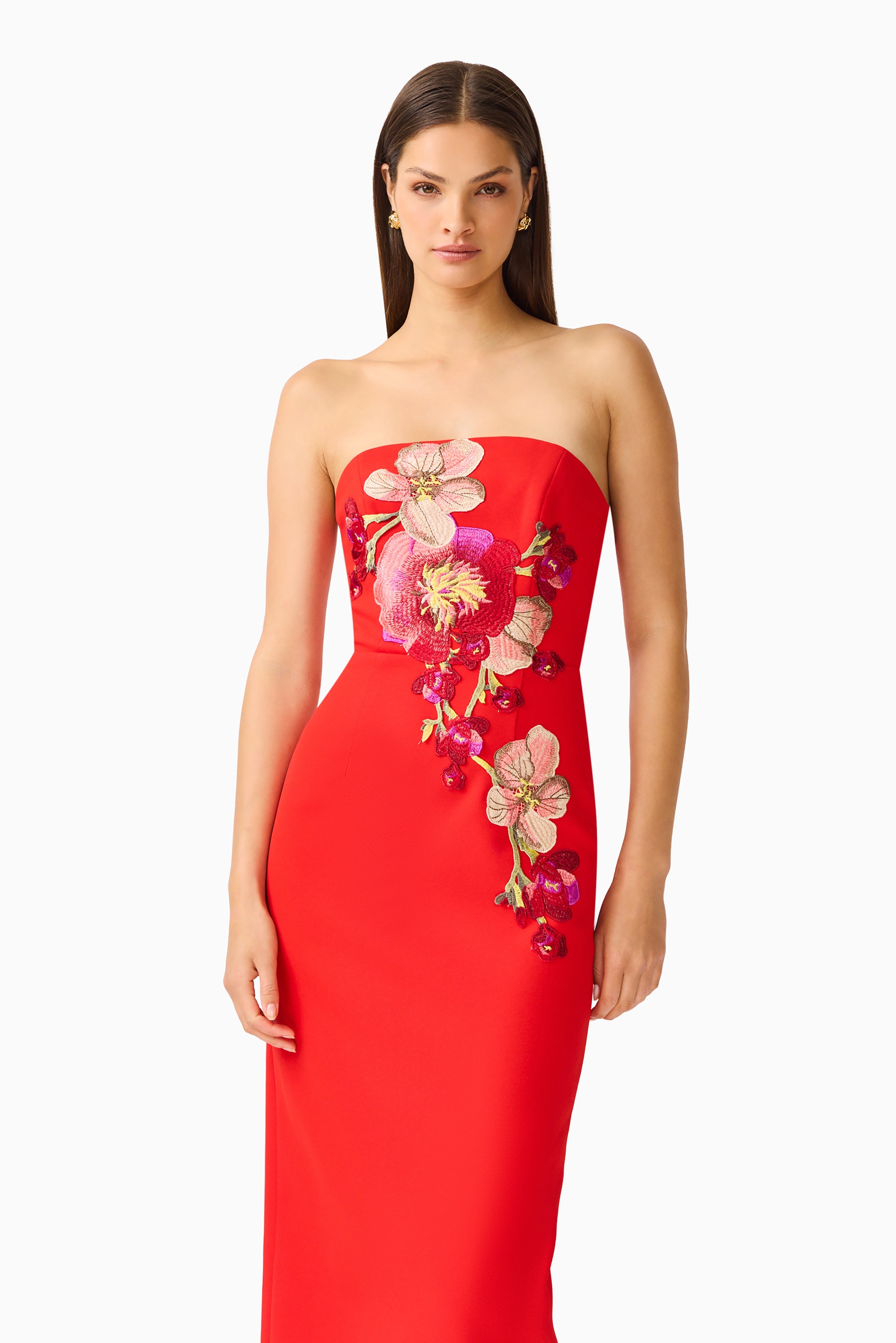 Fleurisca Embroidered Midi Dress in Scarlet Red