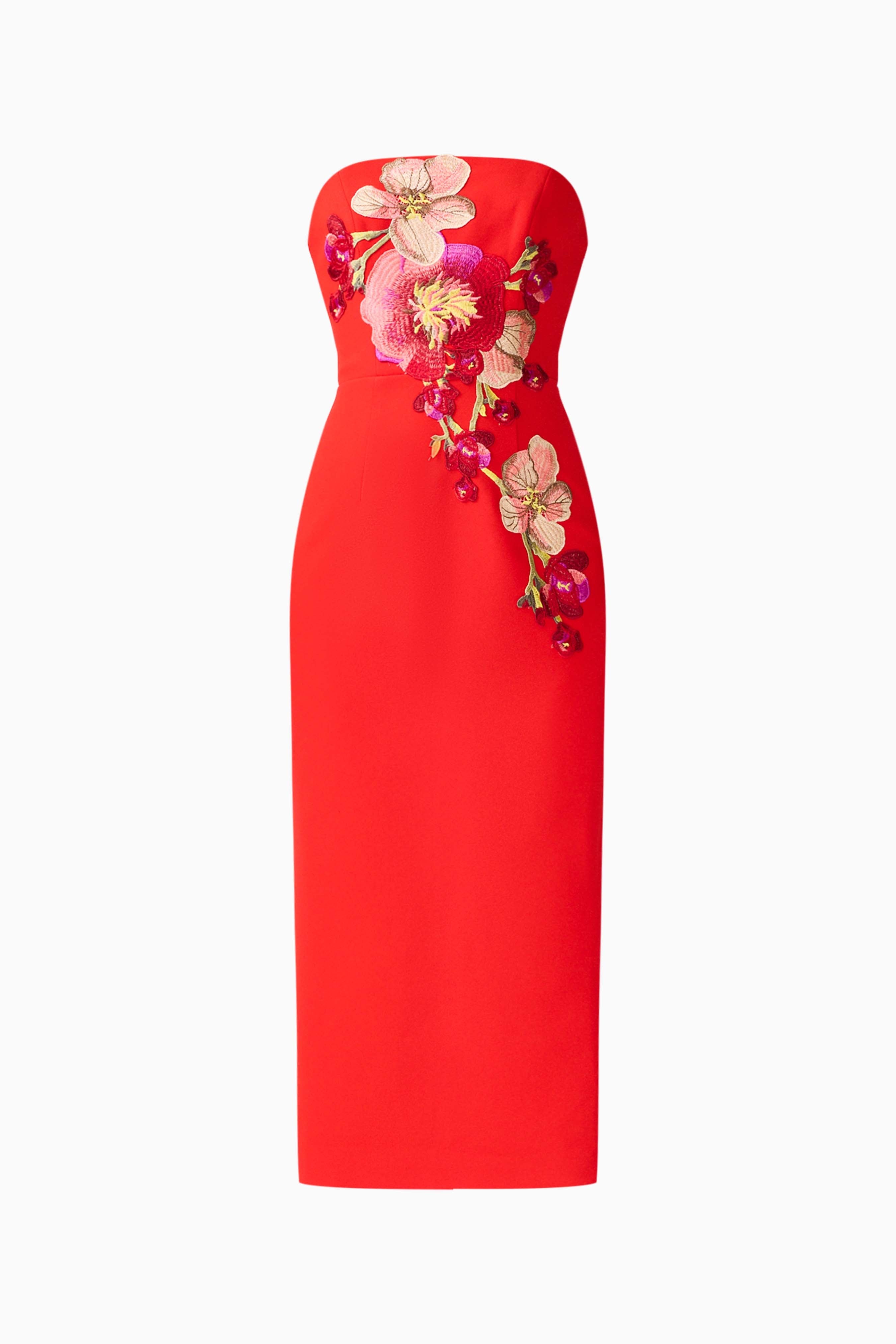 Fleurisca Embroidered Midi Dress in Scarlet Red