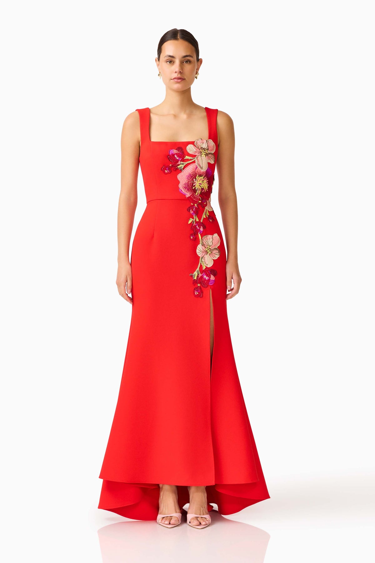 Fleurisca Embroidered Gown in Scarlet Red