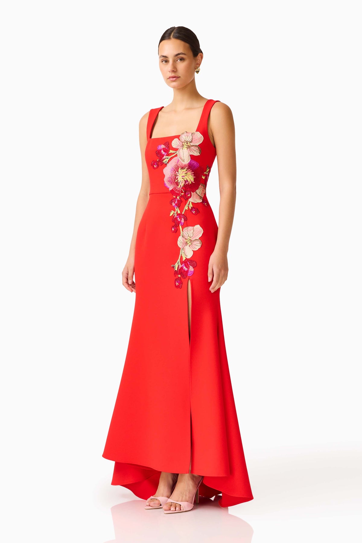 Fleurisca Embroidered Gown in Scarlet Red