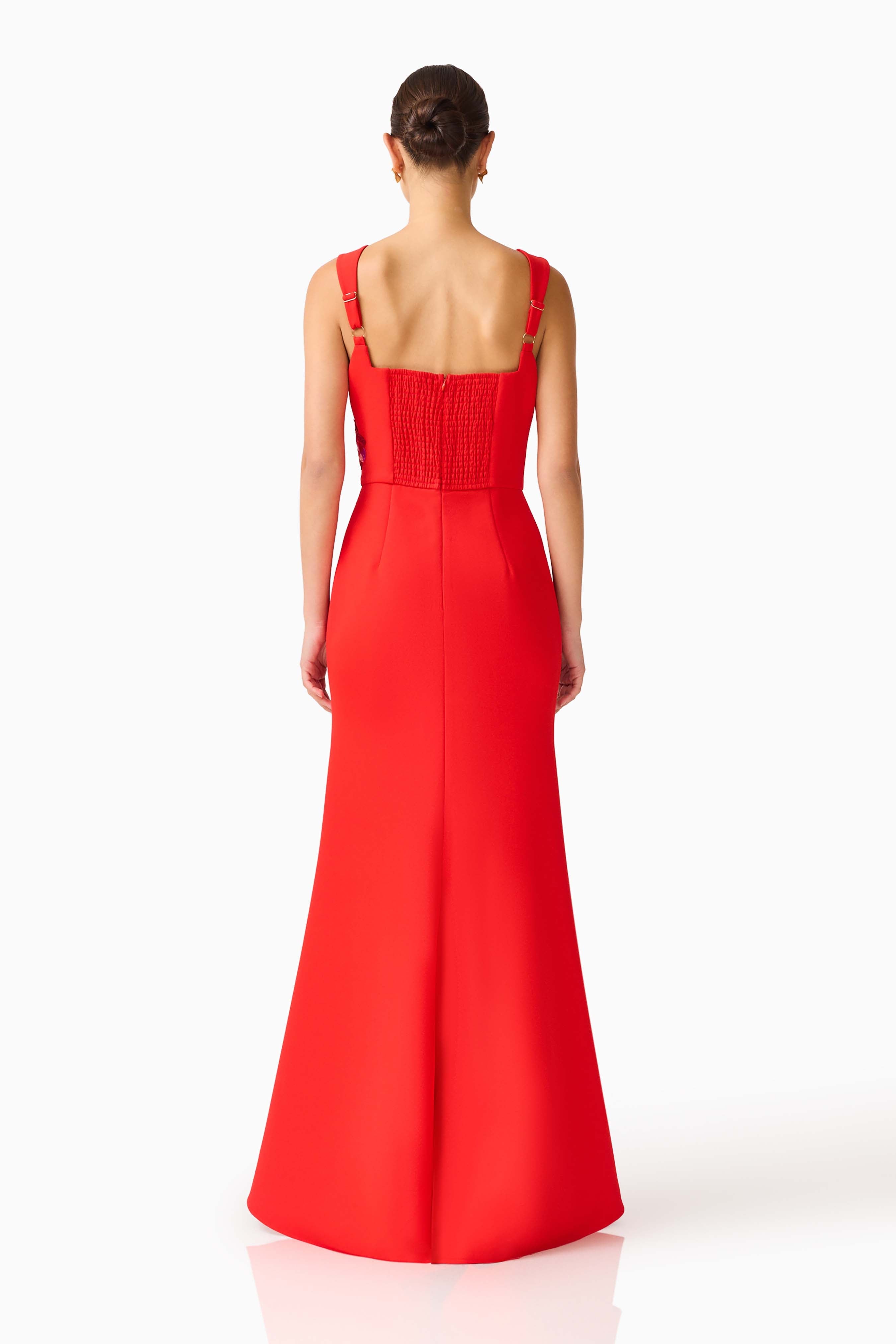 Fleurisca Embroidered Gown in Scarlet Red