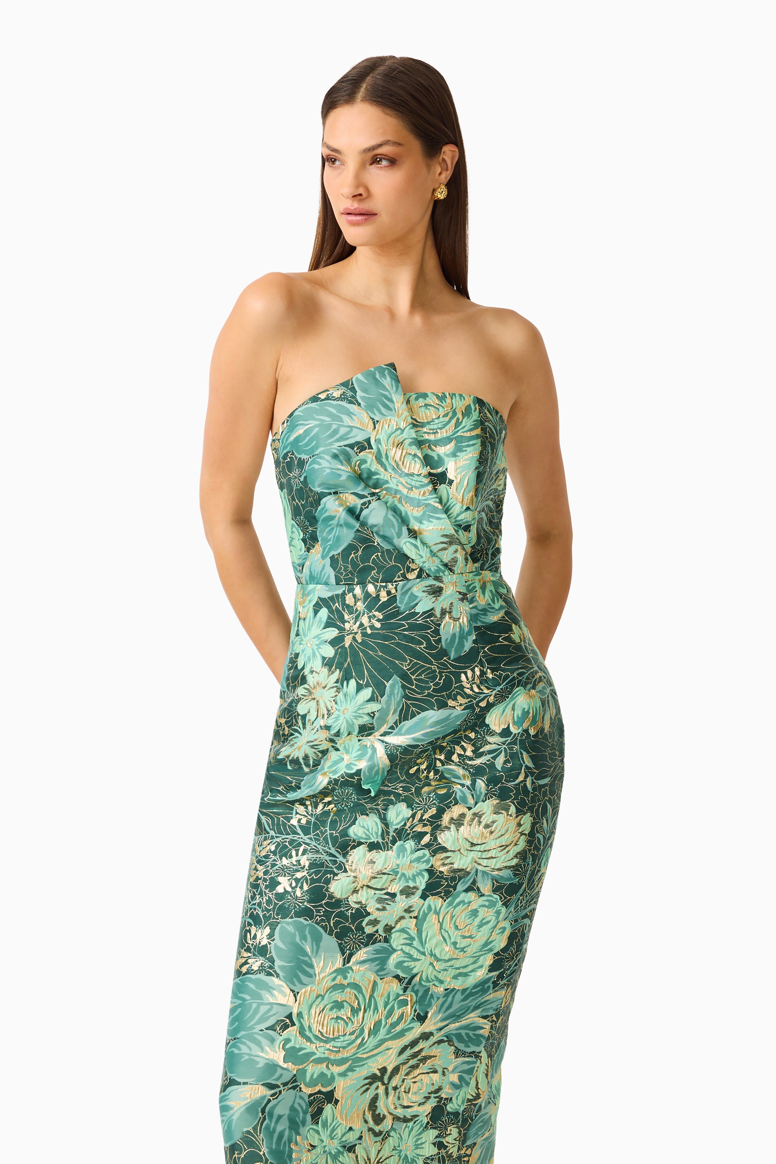 Meliora Column Midi Dress in Green Floral