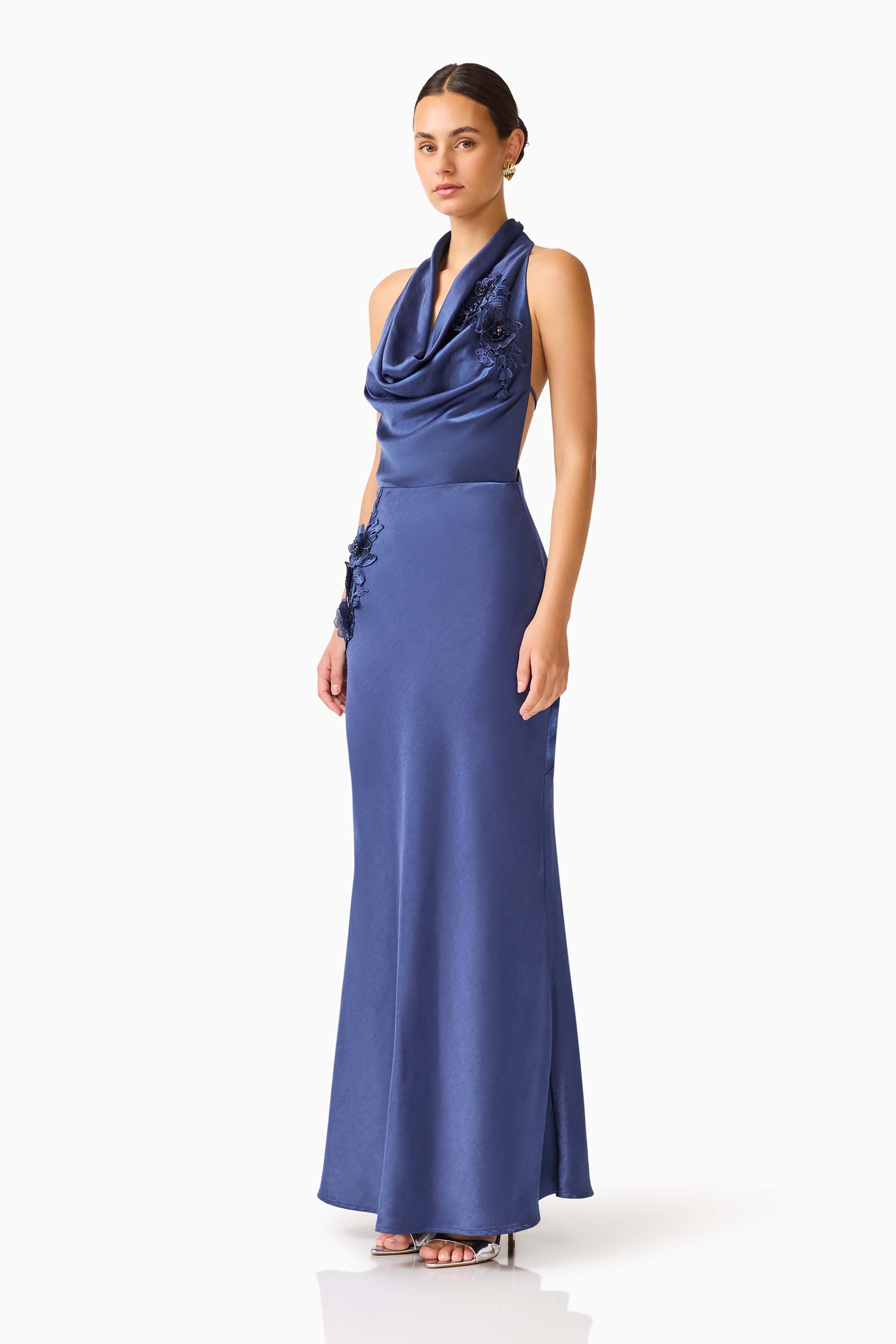 Florea Cowl Neck Gown in Navy