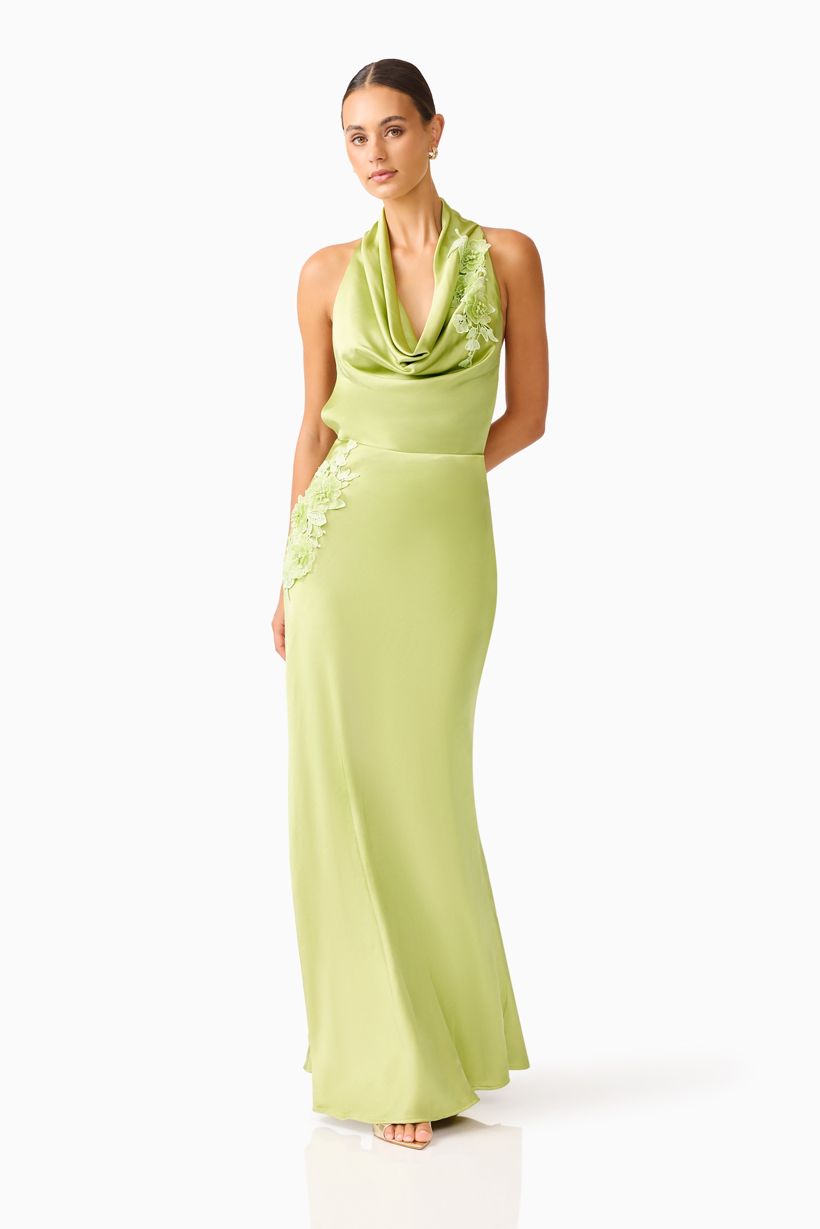 Florea Cowl Neck Gown in Pistachio Green