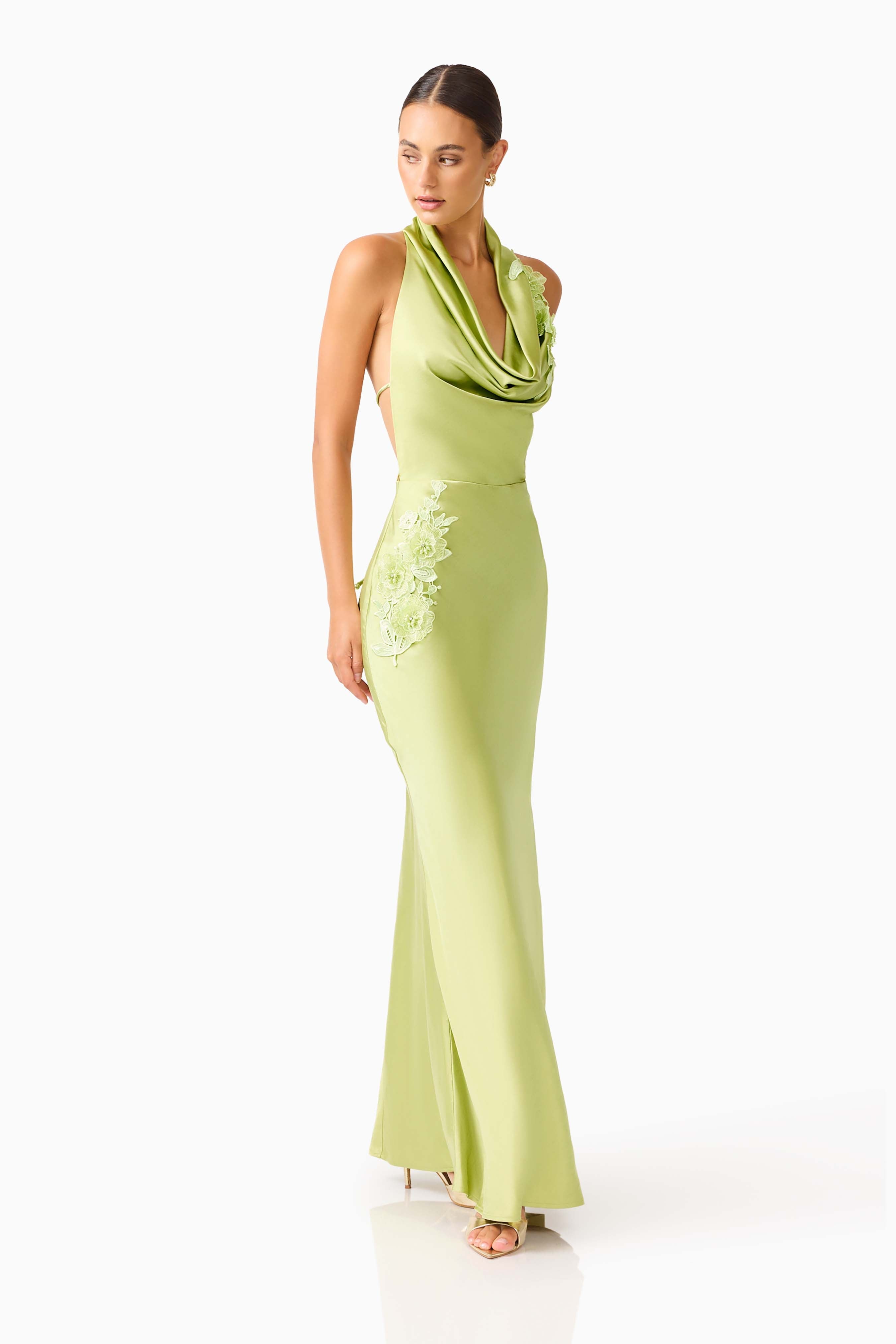 Florea Cowl Neck Gown in Pistachio Green