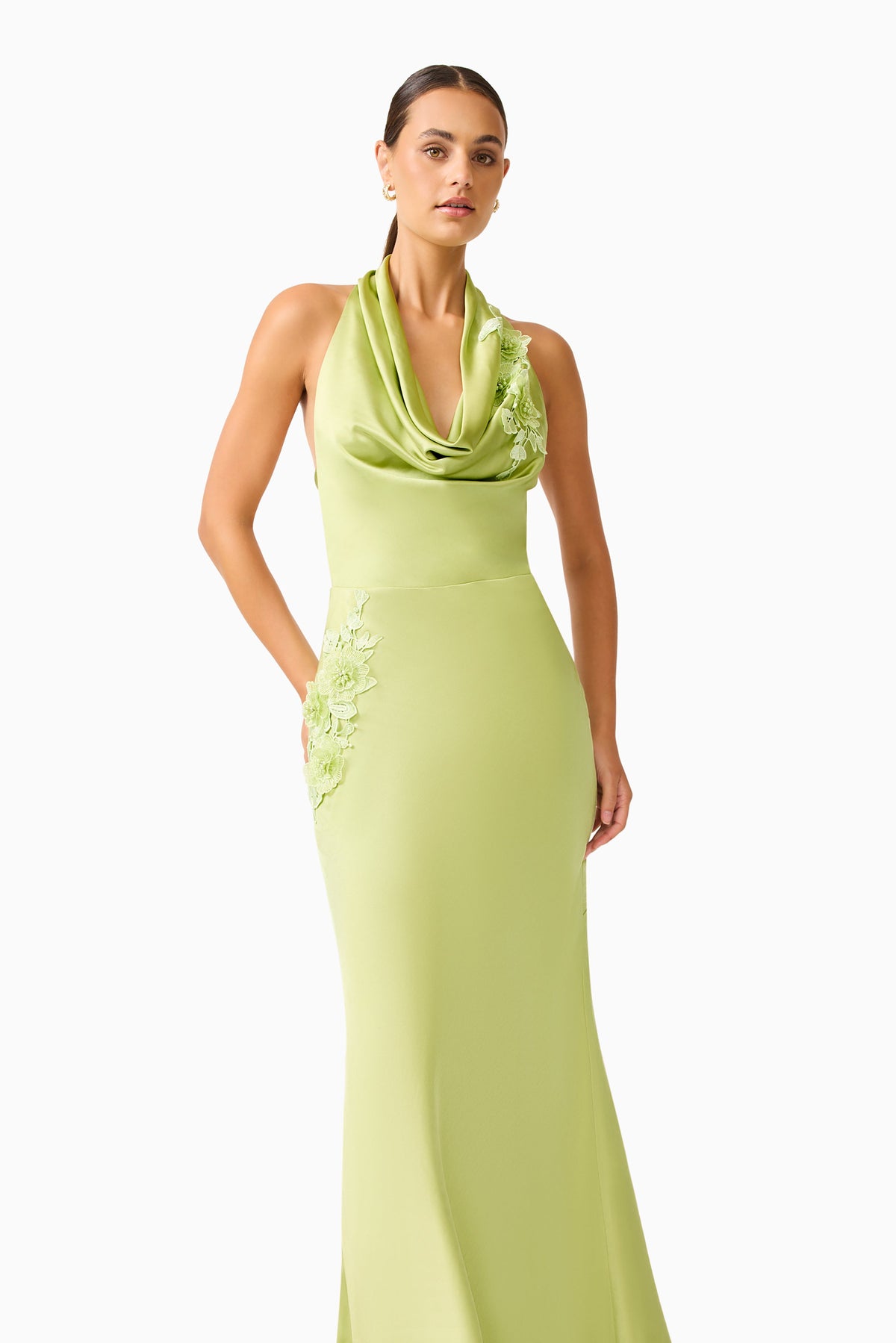 Florea Cowl Neck Gown in Pistachio Green