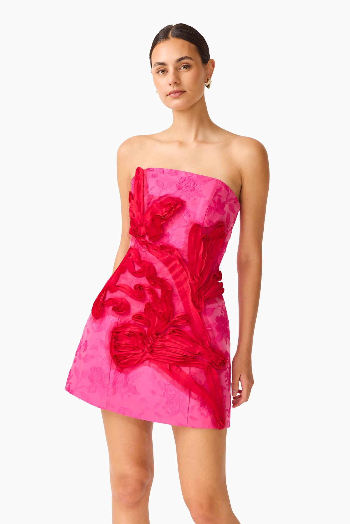 Florentia Textured Jacquard Mini Dress in Pink & Red