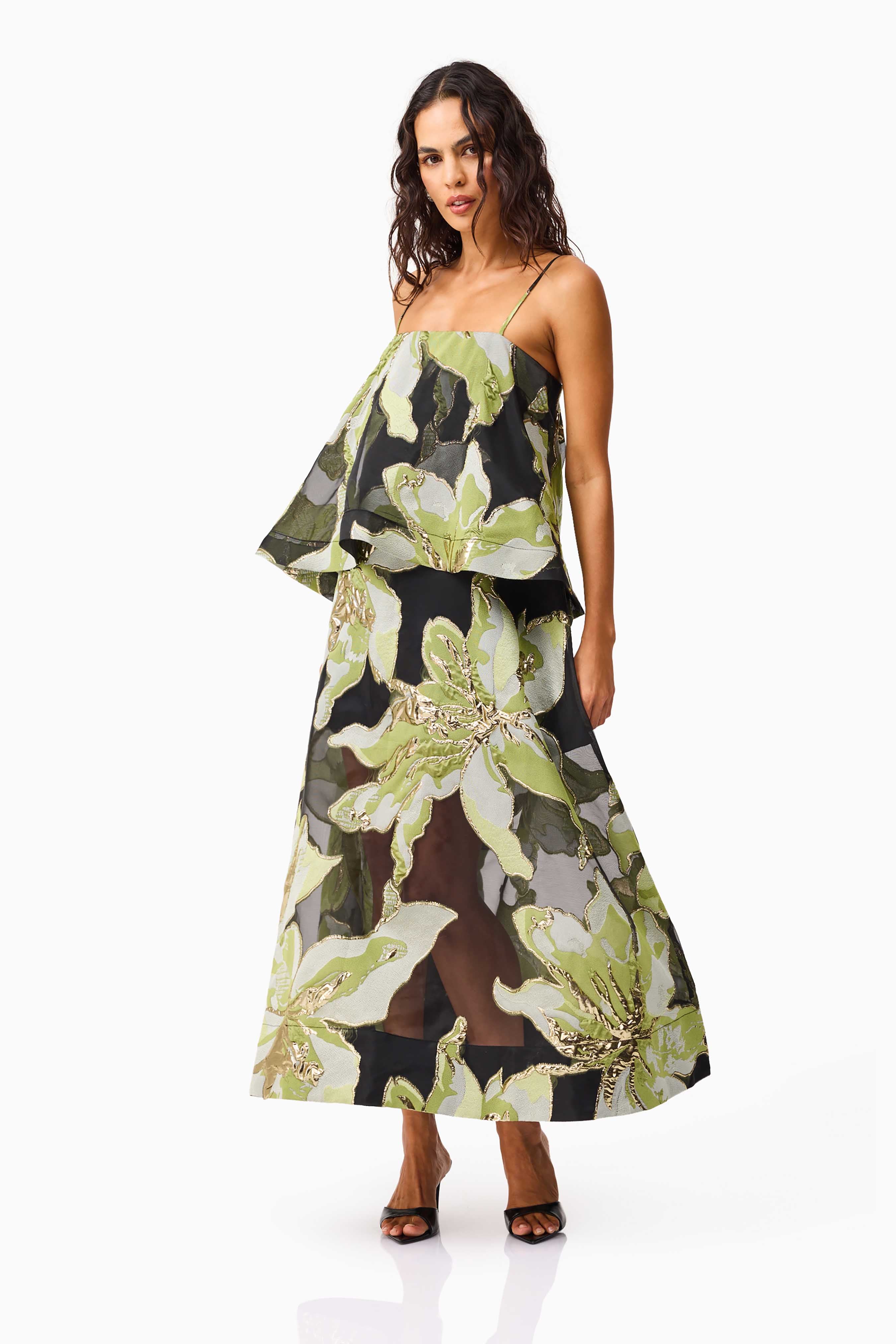 Elysia Tiered Gown in Black & Green Floral
