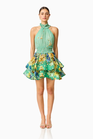 Estelle Halter Mini Dress in Green Floral