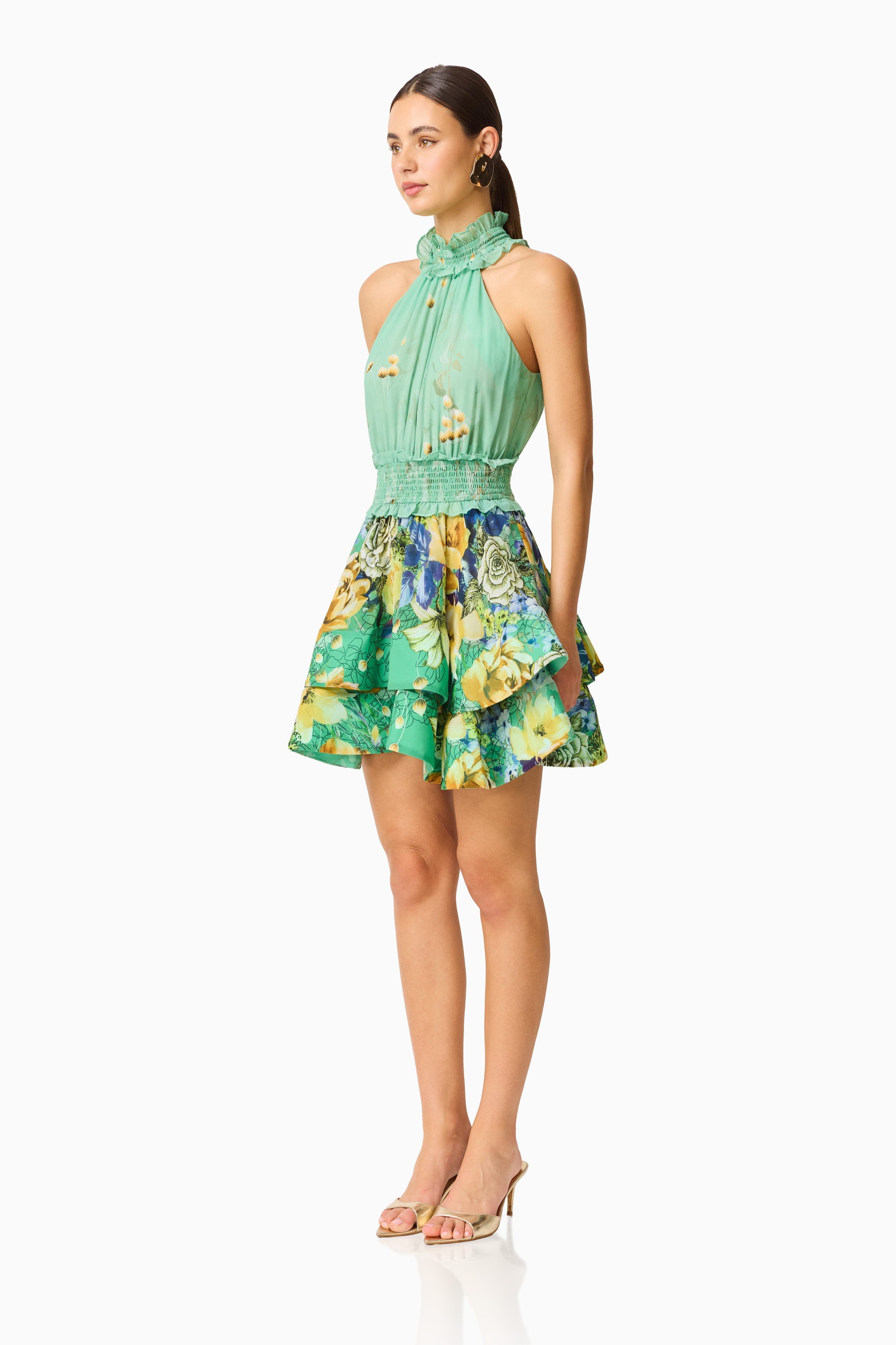 Estelle Halter Mini Dress in Green Floral