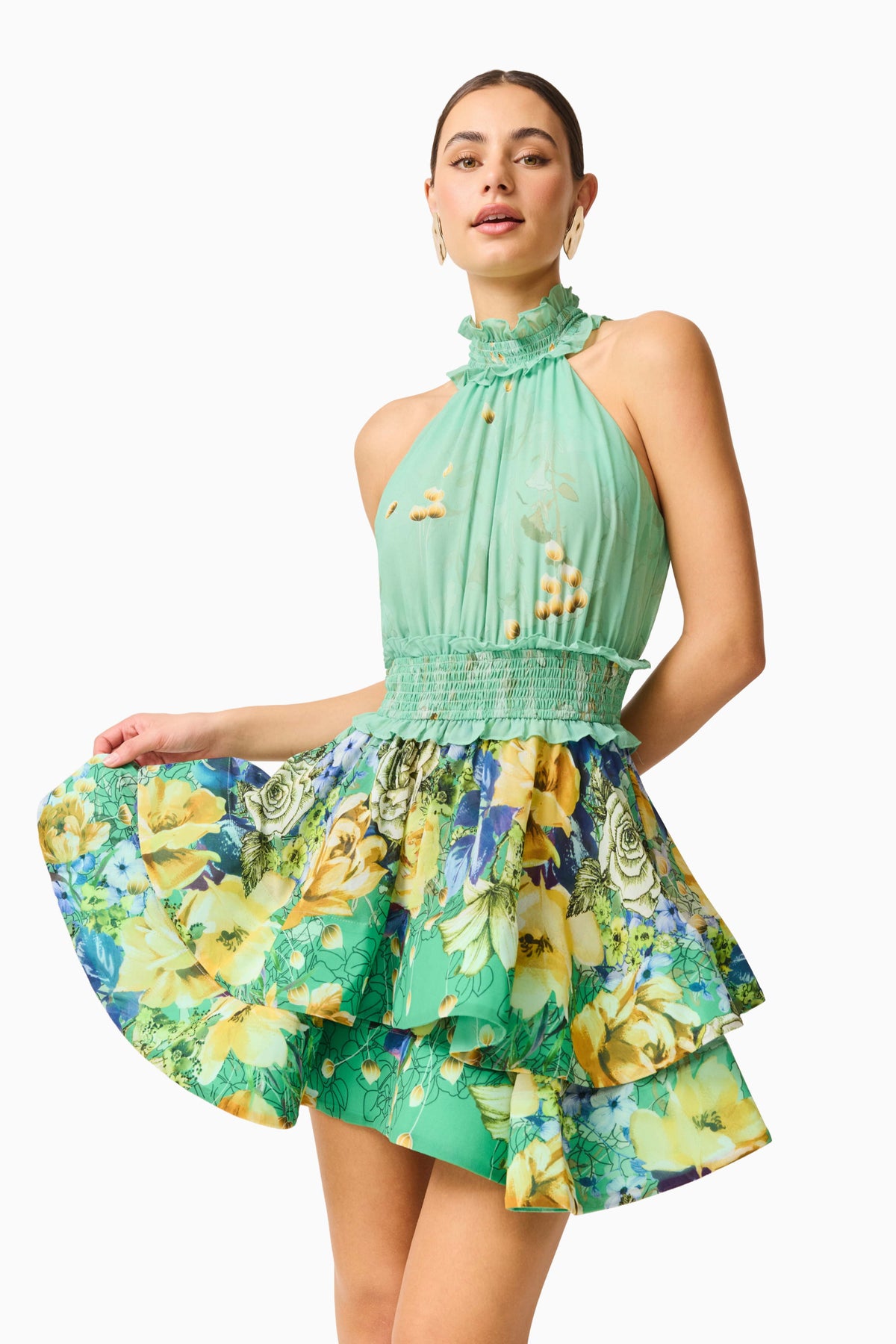 Estelle Halter Mini Dress in Green Floral