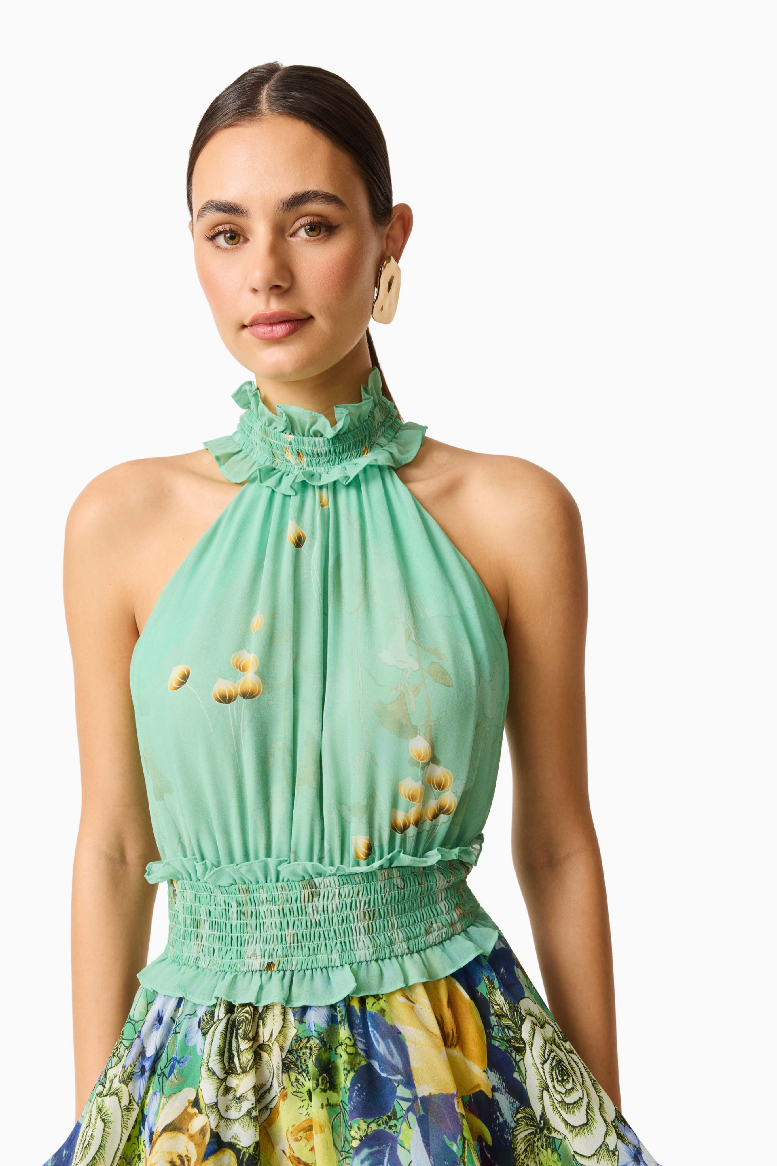 Estelle Halter Mini Dress in Green Floral