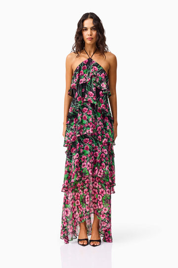 Estelle Halter Gown in Black & Pink Floral