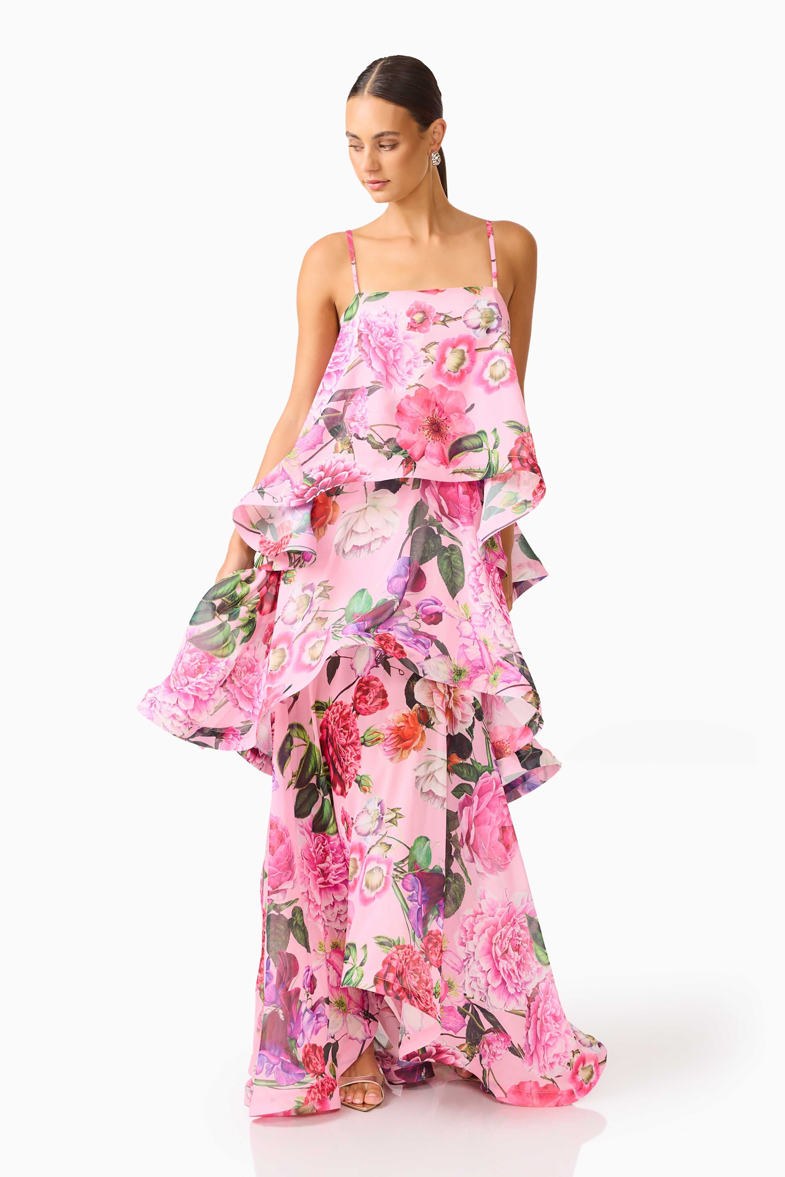 Armani Tiered Maxi Dress in Pink Floral