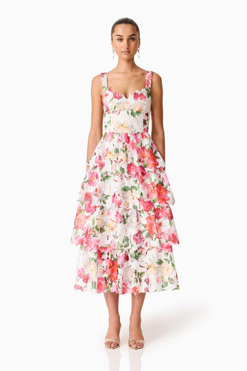 Roselle Tiered Midi Dress Pink Floral