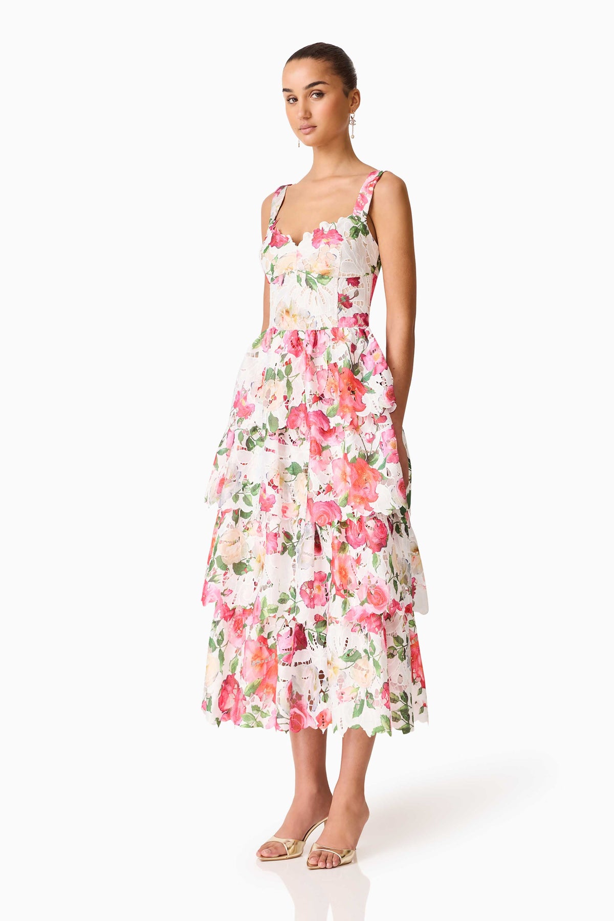 Roselle Tiered Midi Dress Pink Floral