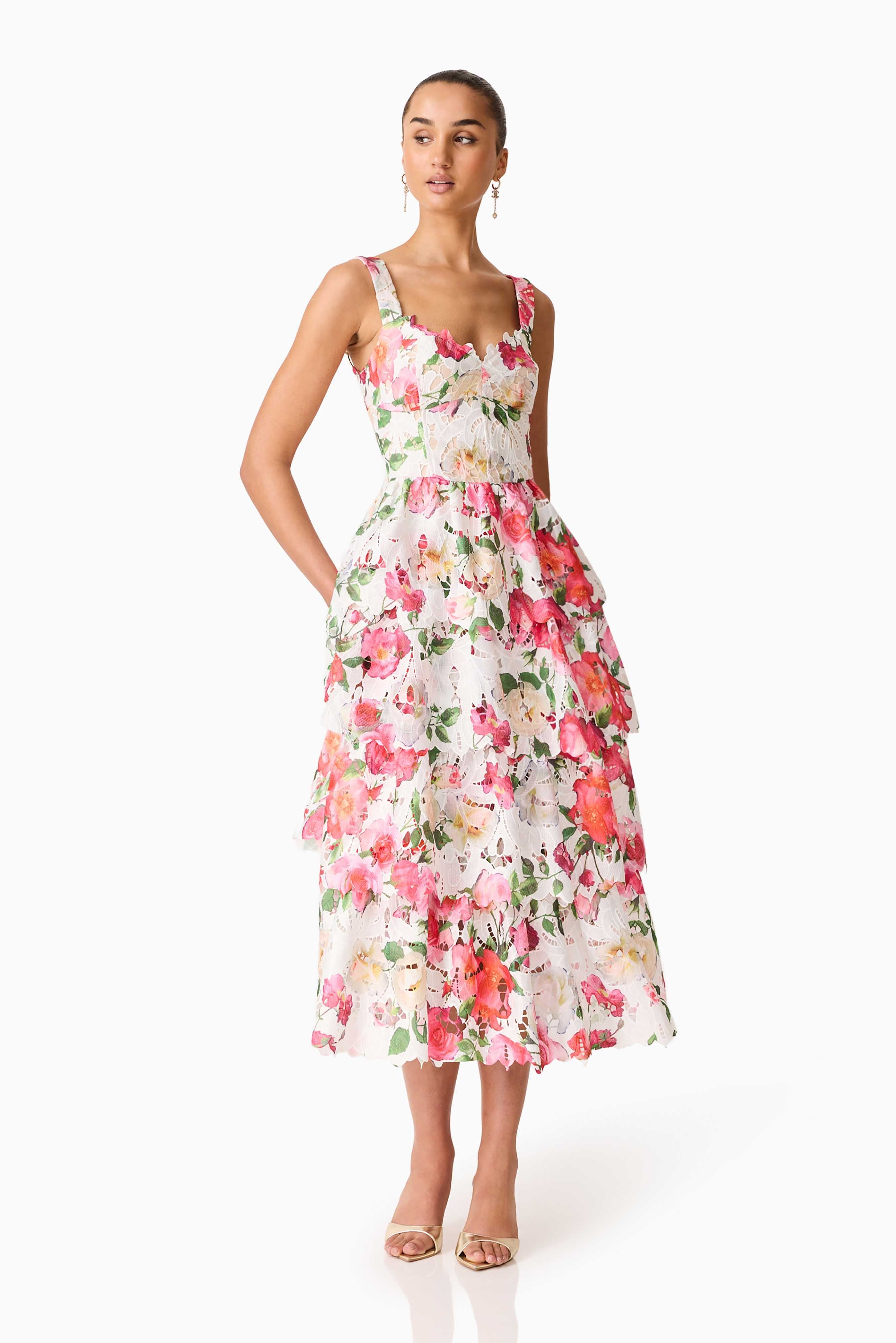 Roselle Tiered Midi Dress Pink Floral