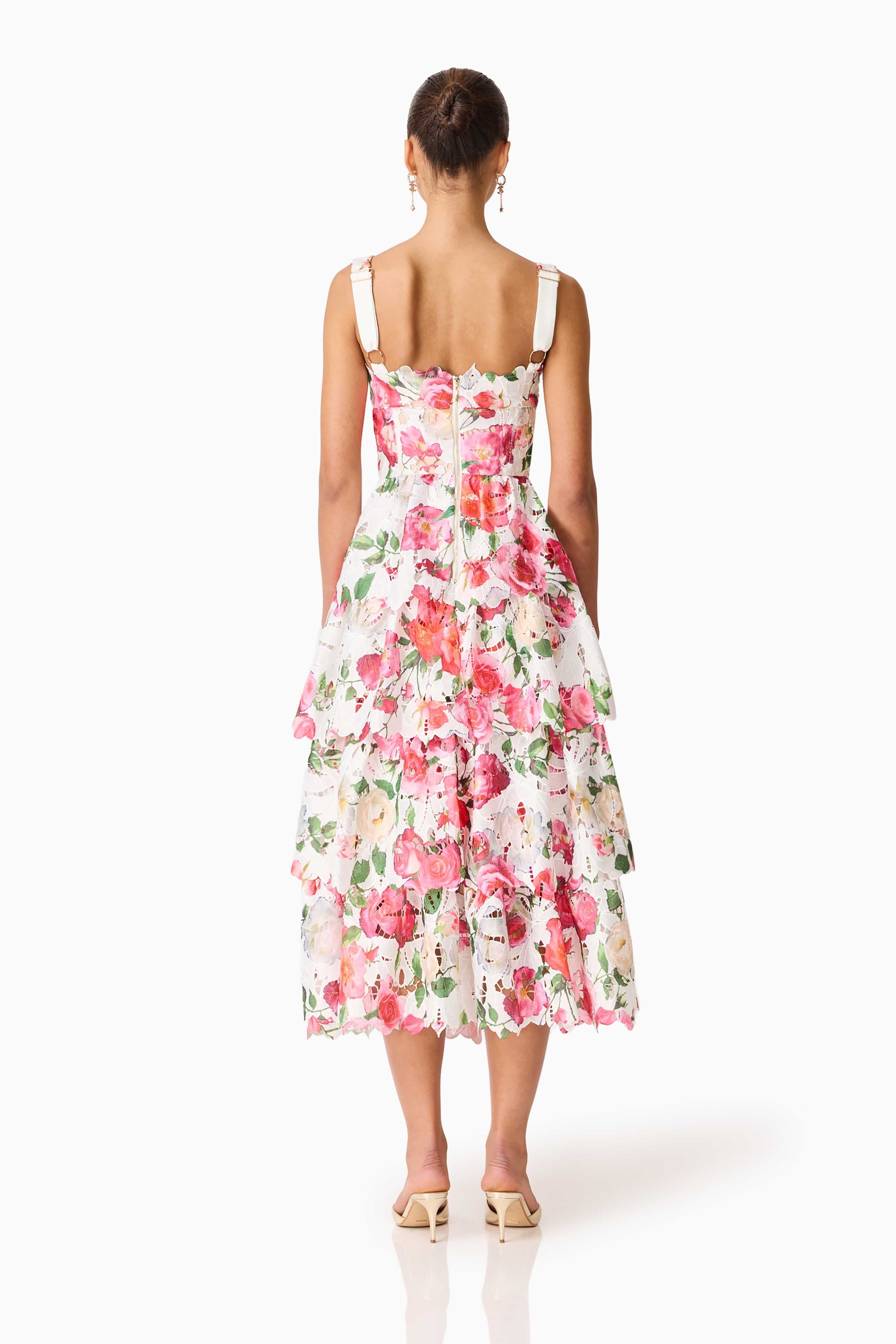 Roselle Tiered Midi Dress Pink Floral