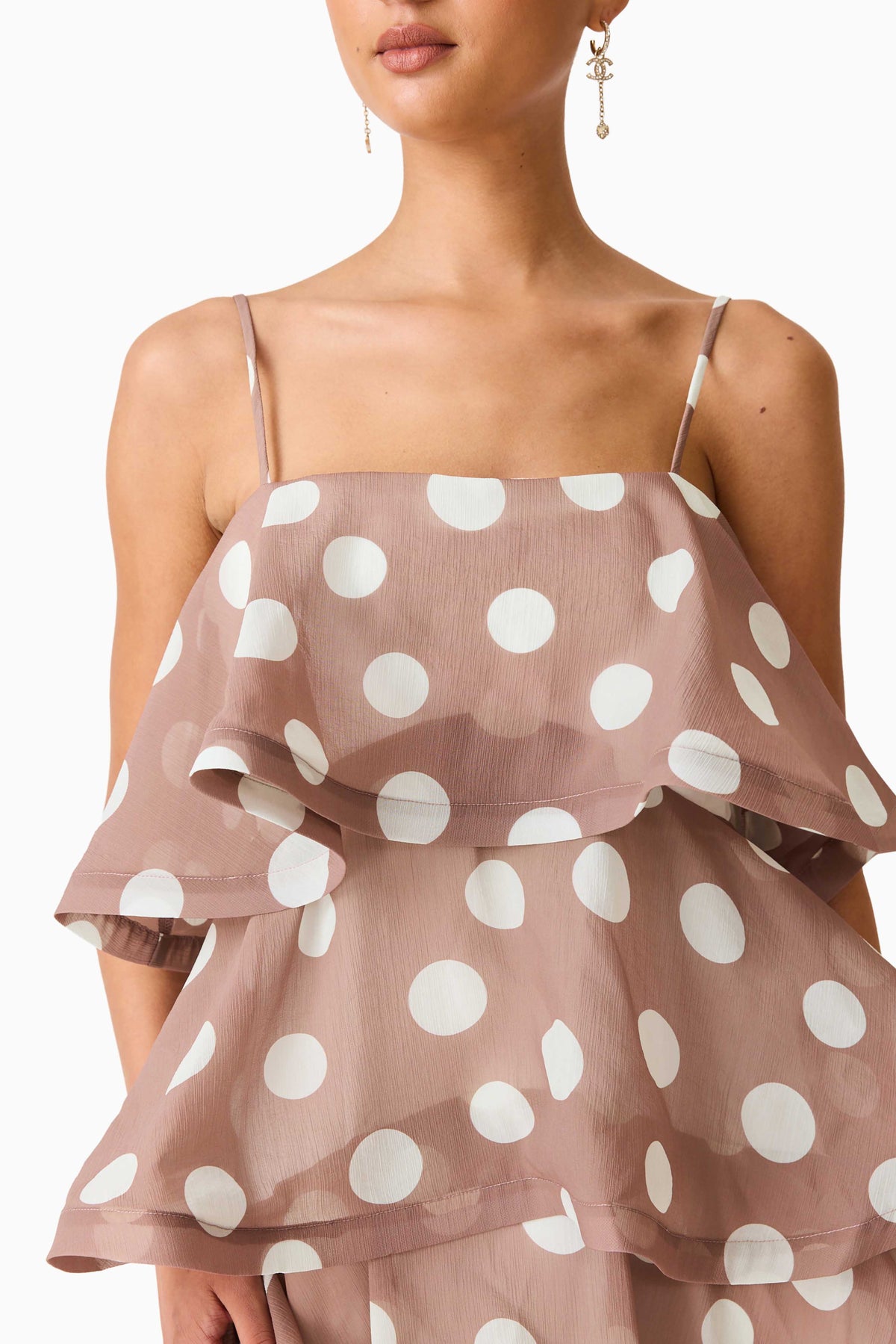 Sola Tiered Maxi Dress in Brown Polkadot