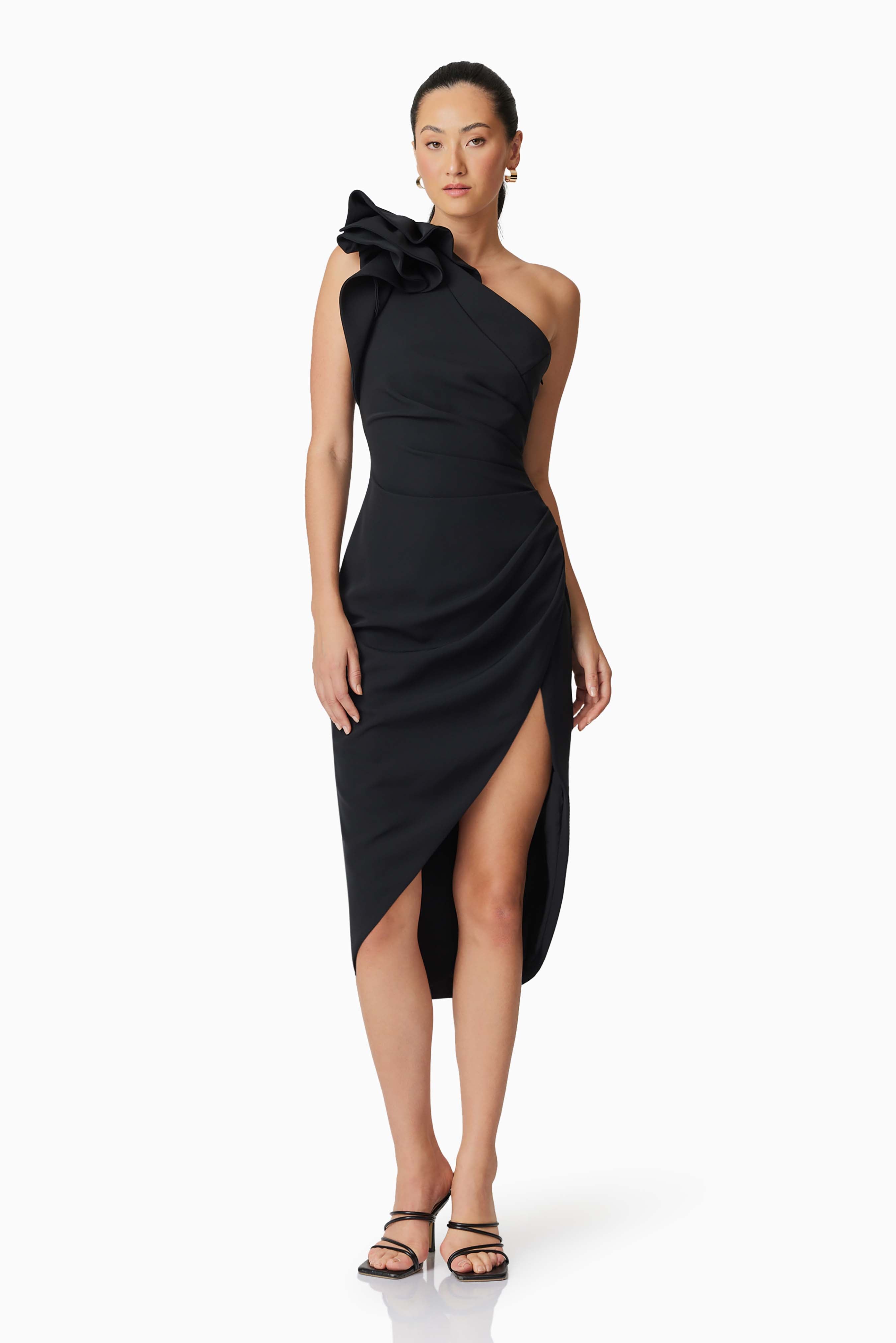 Hazelle One Shoudler Midi Dress in Black