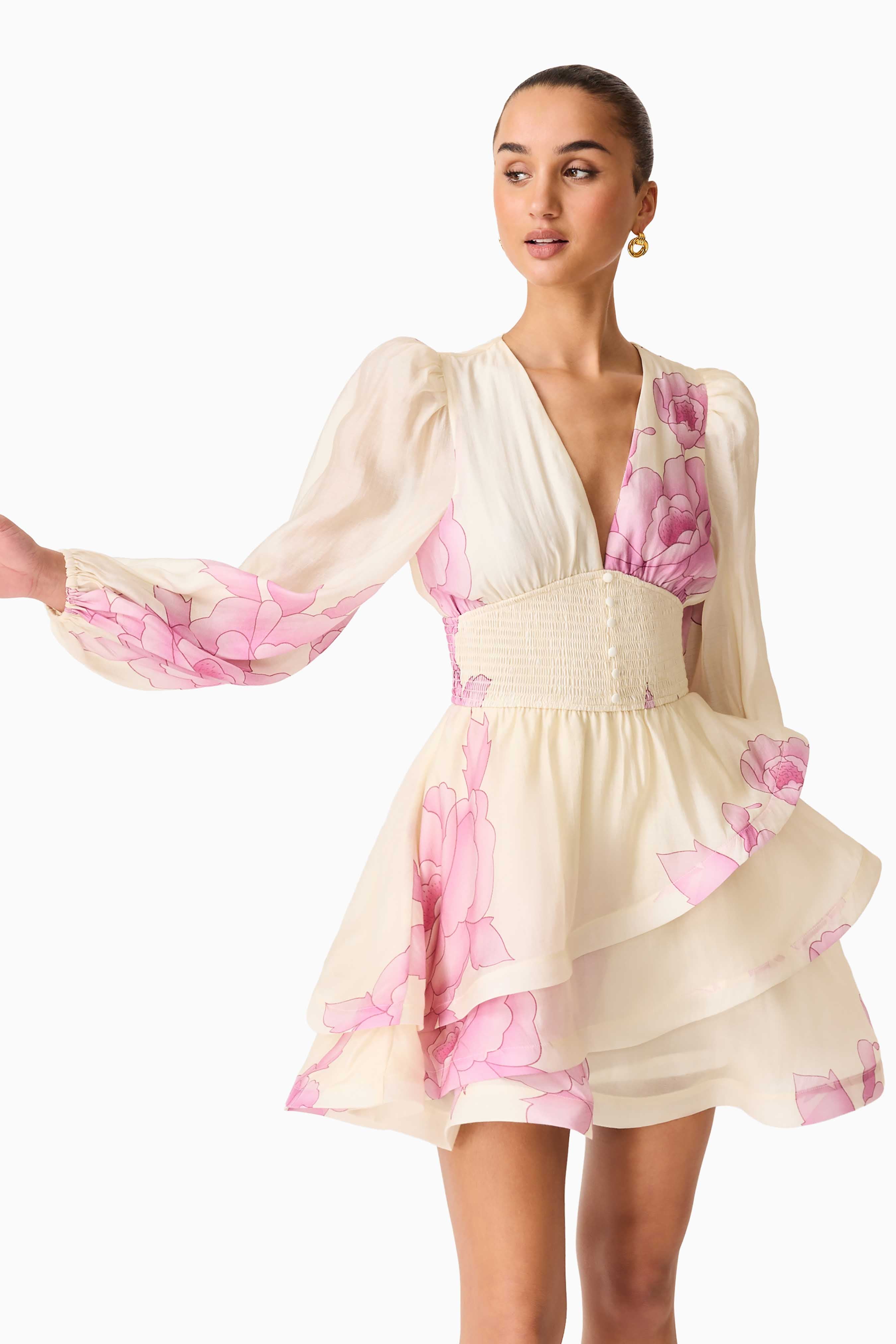 Rova Long Sleeve Mini Dress in Cream & Pink Floral